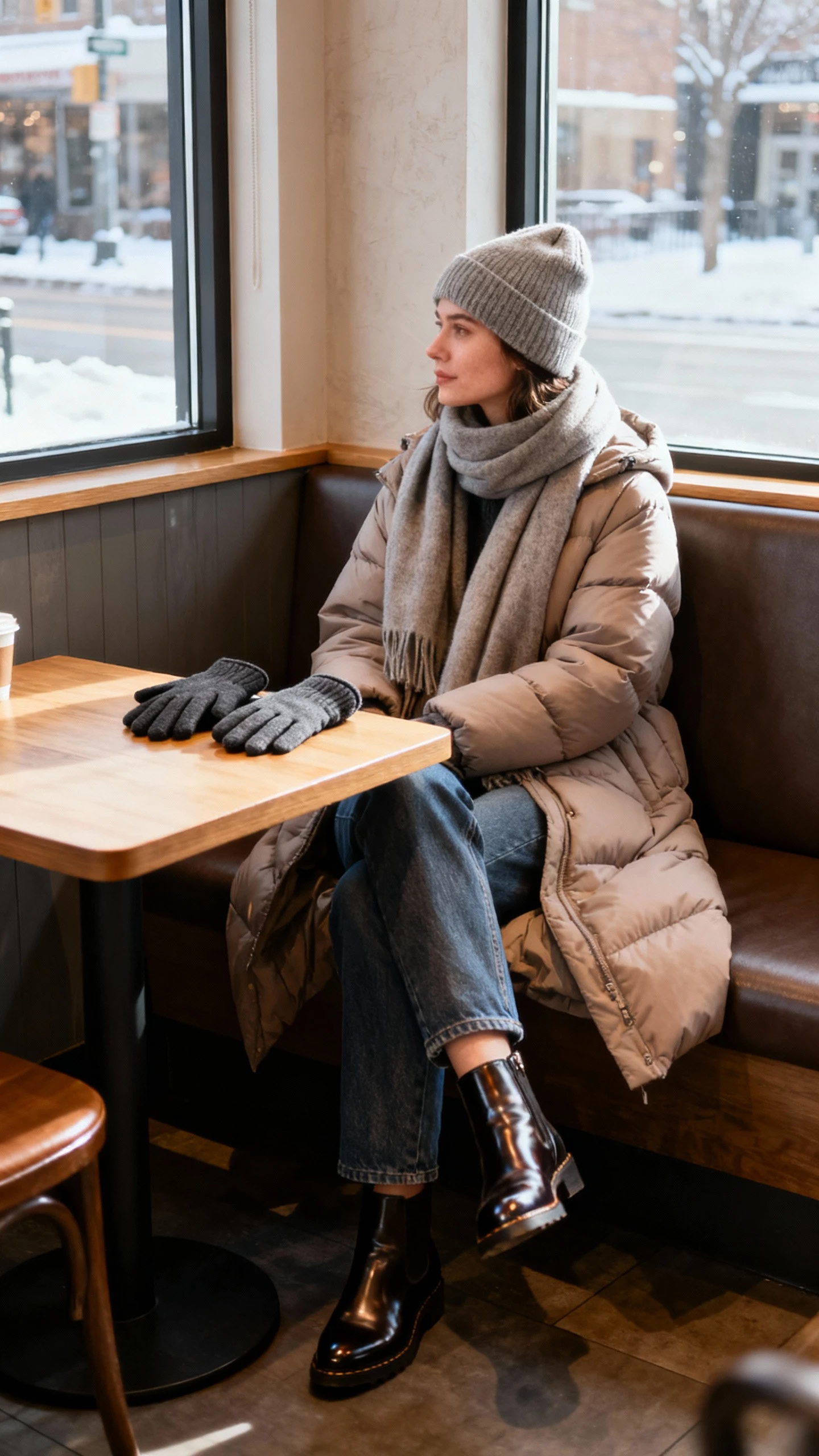 iPhone selfie in a coffee shop booth of a woman wearing a cashmere beanie, oversized scarf, long puffer coat, straight-leg jeans, and sleek Chelsea boots, gloves on table, face not visible, window light with snowy street outside, natural iPhone photo quality.