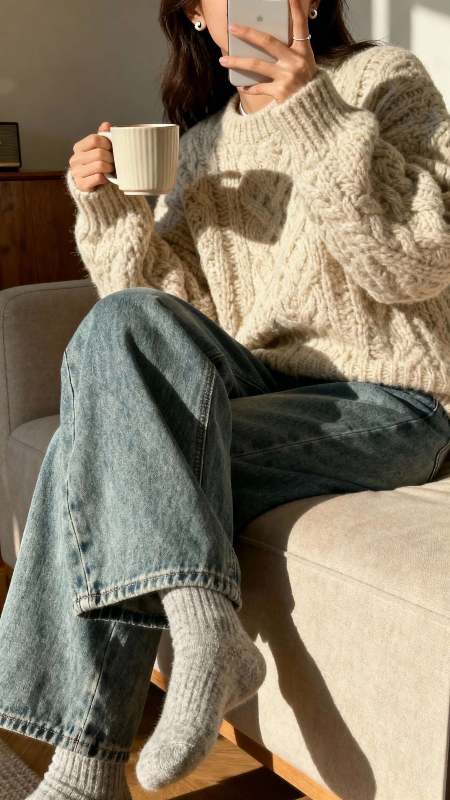 iPhone side-angle couch selfie of a woman in wide leg jeans, oversized chunky knit sweater, cozy socks, minimal studs, mug in hand, face not visible, warm indoor afternoon light, natural iPhone photo quality.