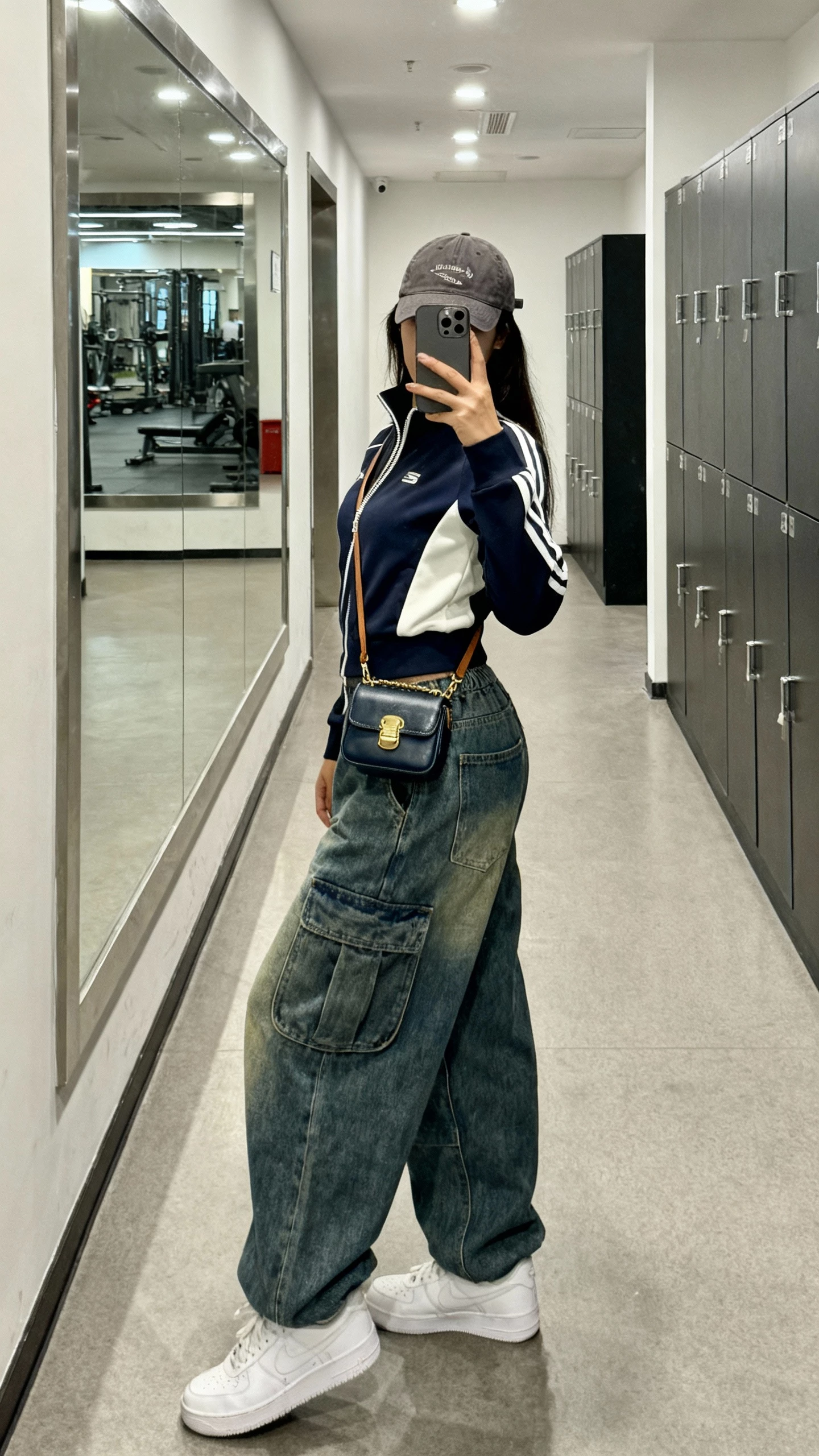iPhone side-angle hallway selfie of a woman in a sporty zip-up jacket, barrel baggy jeans, fresh white sneakers, crossbody mini bag, baseball cap; gym locker-room mirror, face not visible, indoor lighting, casual iPhone aesthetic.