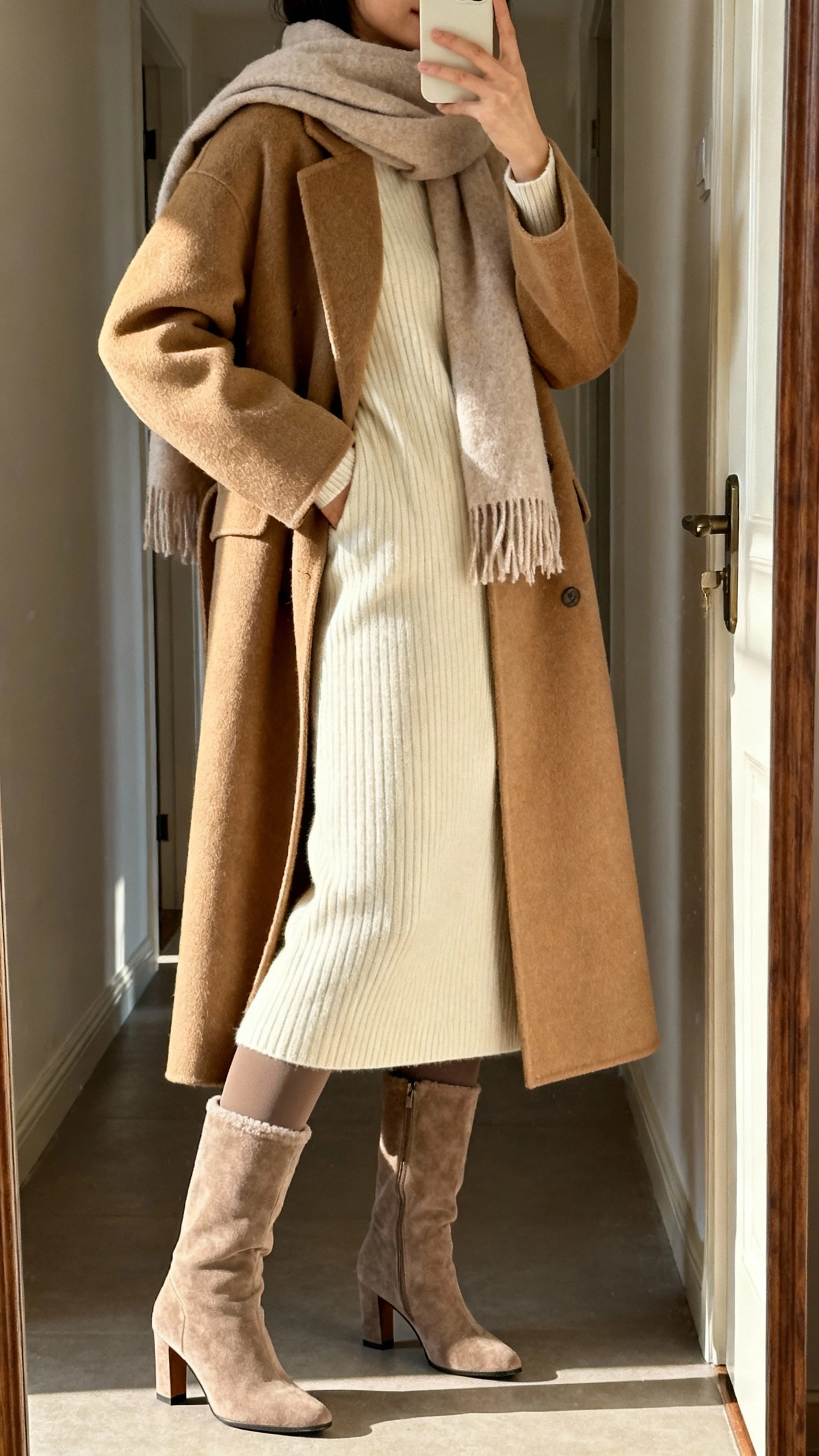 iPhone side-angle mirror selfie of a woman in a calf-length camel wool coat over a ribbed cream midi sweater dress, fleece-lined opaque tights, heeled knee-high boots, and a soft cashmere scarf; face not visible, hallway mirror by the door, morning light, natural iPhone photo.