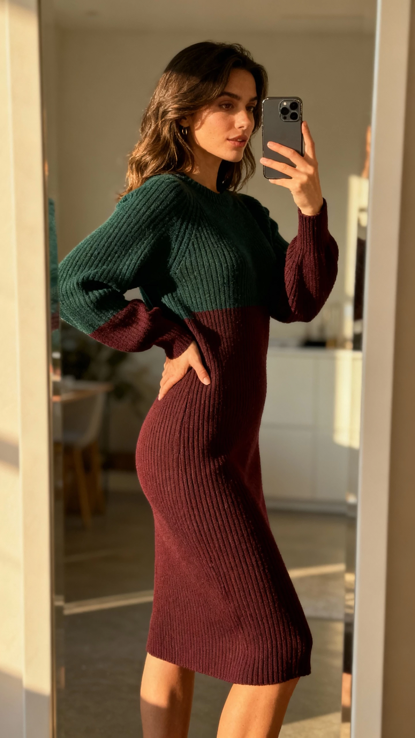 iPhone side-angle mirror selfie of a woman wearing a ribbed sweater midi dress (espresso/forest/deep burgundy) with a 1–