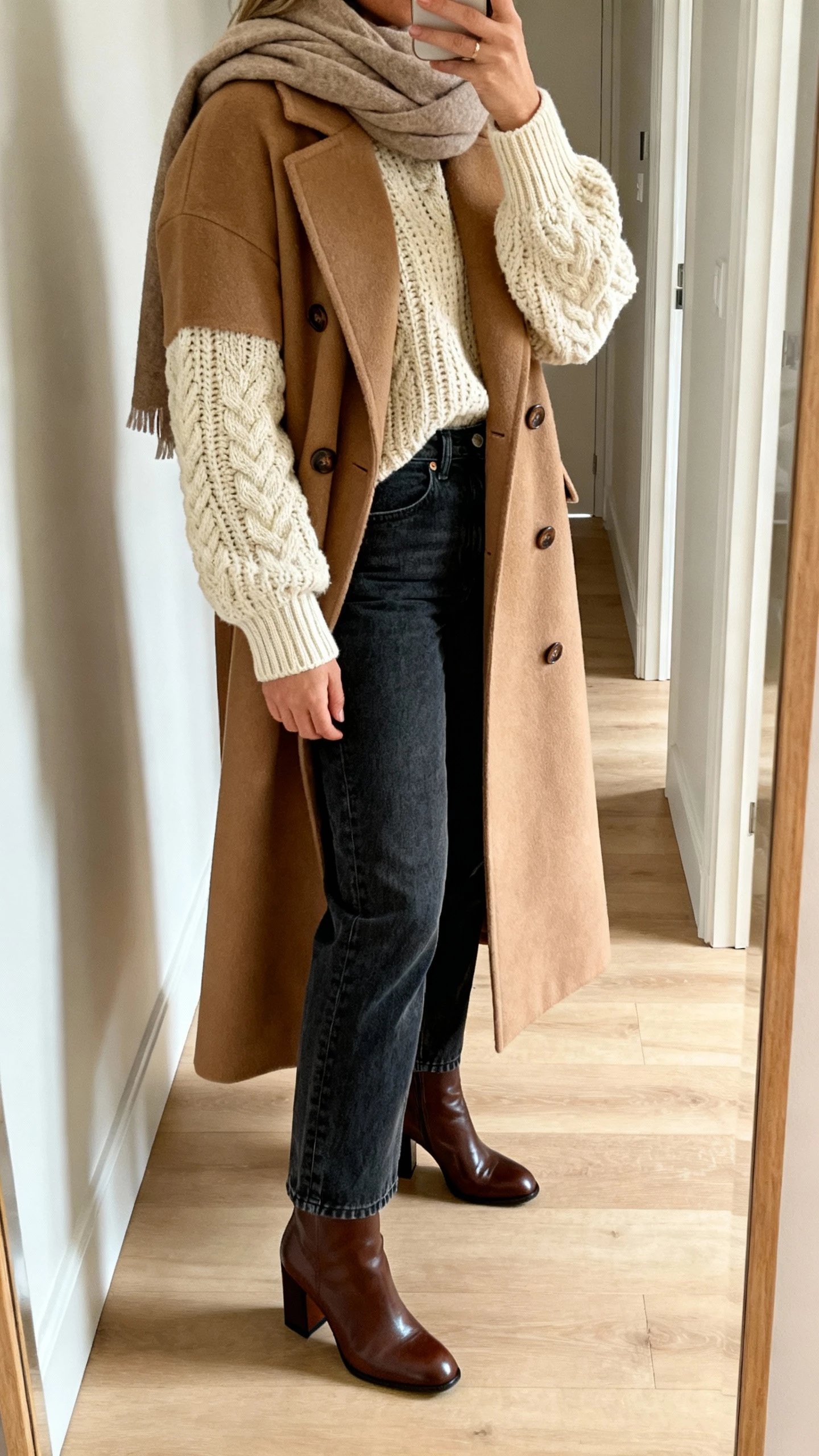 iPhone side-angle mirror selfie of a woman wearing a long double-breasted camel wool coat, chunky cream fisherman knit sweater with a thermal long-sleeve base underneath, dark-wash high-rise straight-leg denim, polished leather ankle boots with a block heel, and a cozy cashmere scarf; hallway mirror, morning light, face not visible, natural iPhone photo quality.