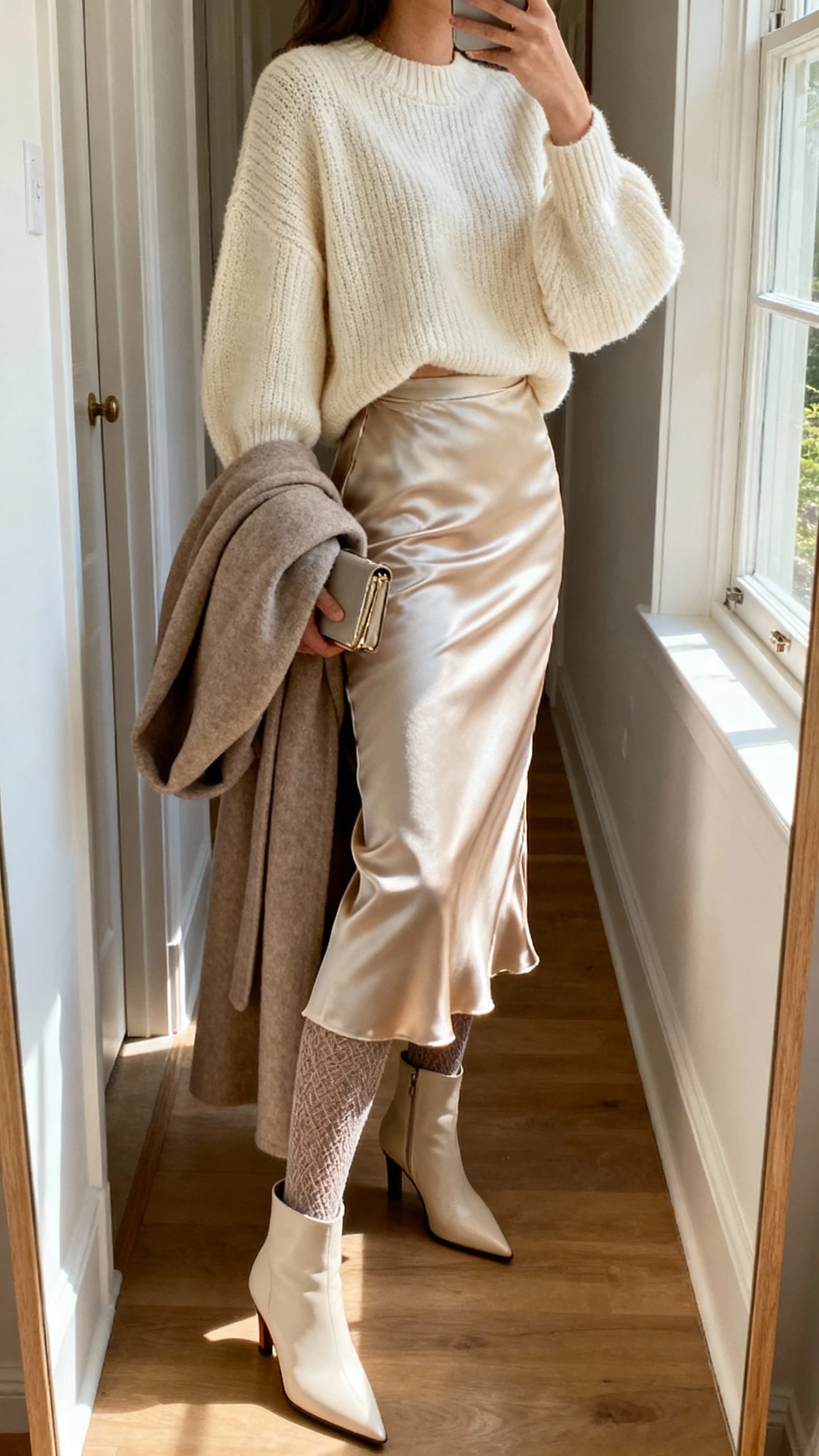 iPhone side-angle mirror selfie of a woman wearing a boxy chunky sweater (cream) tucked into a bias-cut satin midi slip skirt, pointed heeled boots, long wool robe coat over arm, textured tights, and a small clutch, face not visible, hallway mirror, afternoon window light, natural iPhone photo.