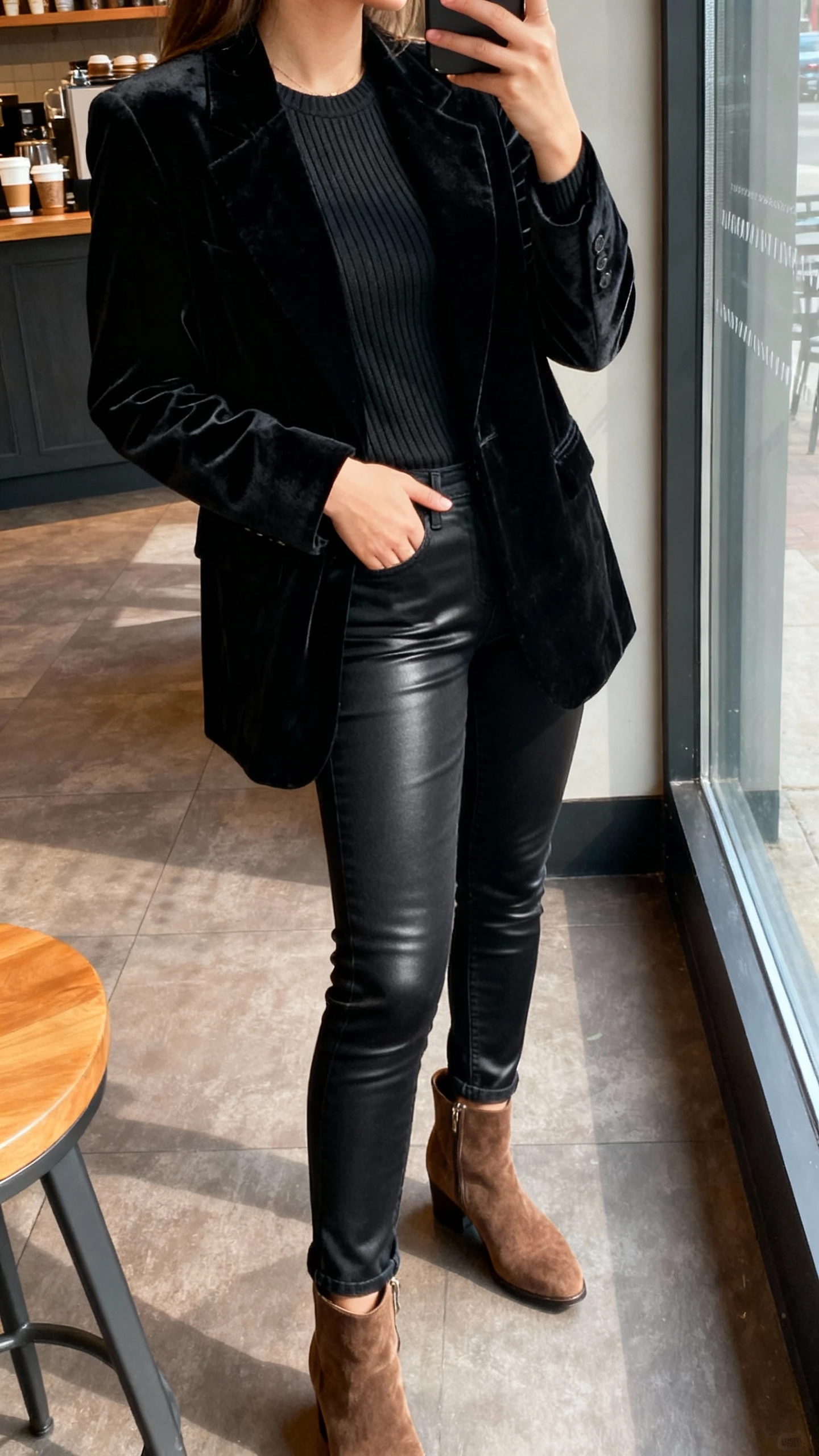 iPhone side-angle selfie cropped at shoulders of a woman in an all-black outfit with texture play: black velvet blazer, ribbed knit top, coated black jeans, and suede ankle boots, face not visible, coffee shop window light, casual iPhone quality.