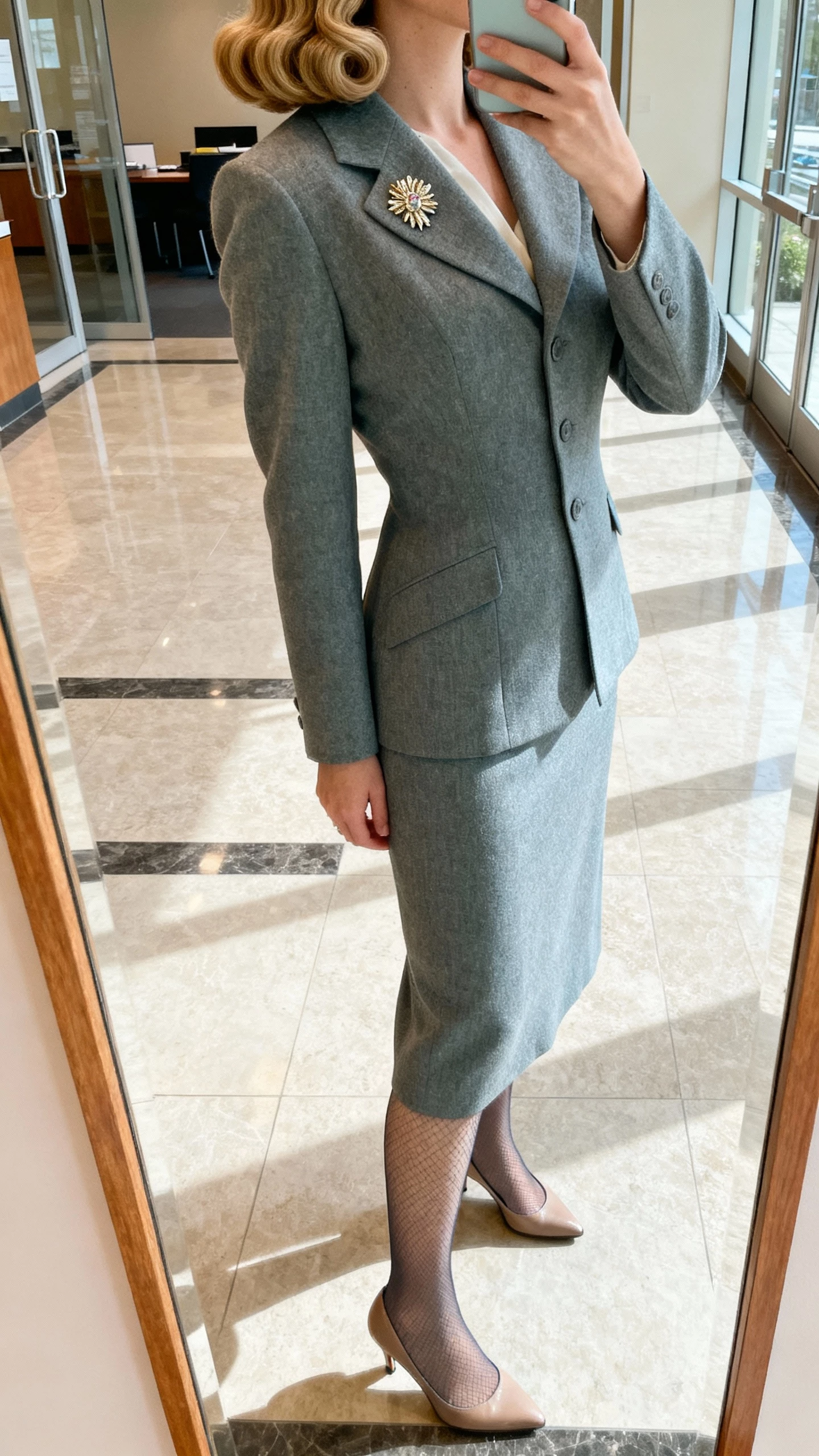 iPhone side-angle selfie cropped at shoulders showing vintage set curls brushed into a soft pageboy, tailored midi suit-dress, brooch at lapel, sheer stockings, classic pumps; face not visible, office lobby mirror, natural daylight, iPhone photo quality.