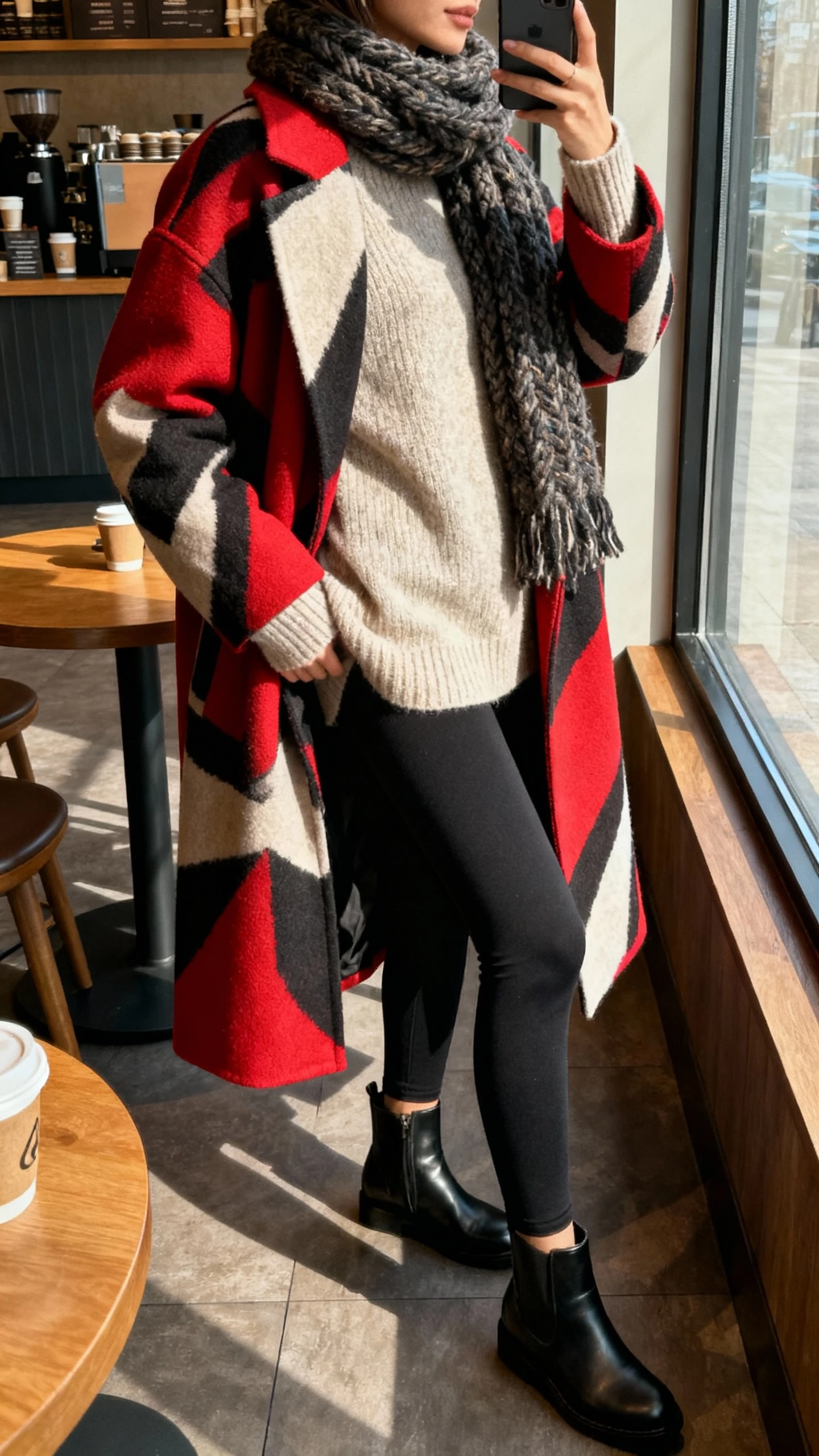 iPhone side-angle selfie of a woman in a bold statement coat thrown over cozy basics (cashmere sweater, black leggings), with chunky scarf and Chelsea boots, face not visible, coffee shop window light, natural iPhone photo.