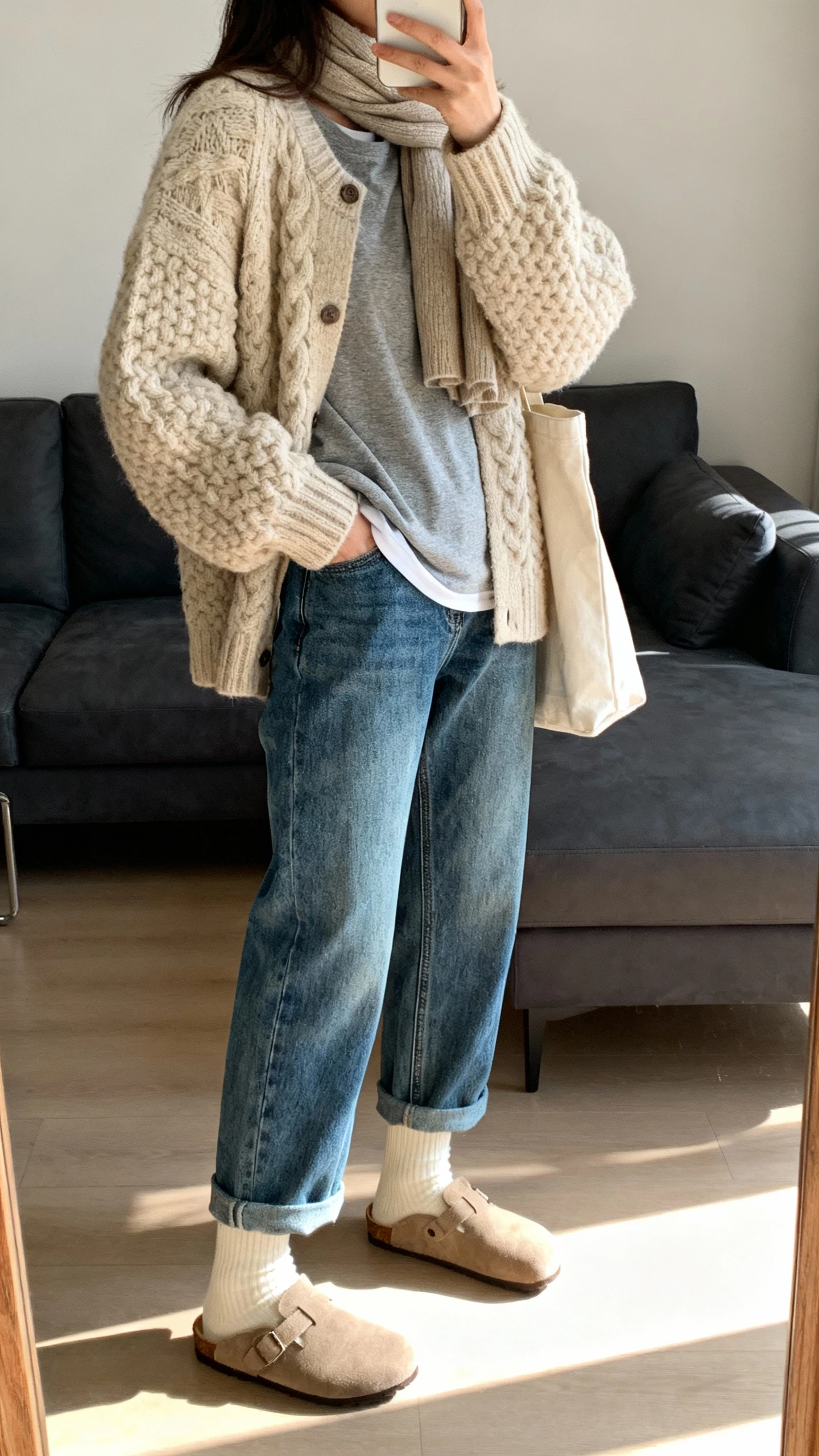 iPhone side-angle selfie of a woman in a cozy knit and blue denim: chunky oatmeal-beige cardigan over a soft heather grey tee, mid-wash relaxed jeans, cream socks with suede clogs, simple scarf and tote; face not visible, living room couch with morning light, casual iPhone photo