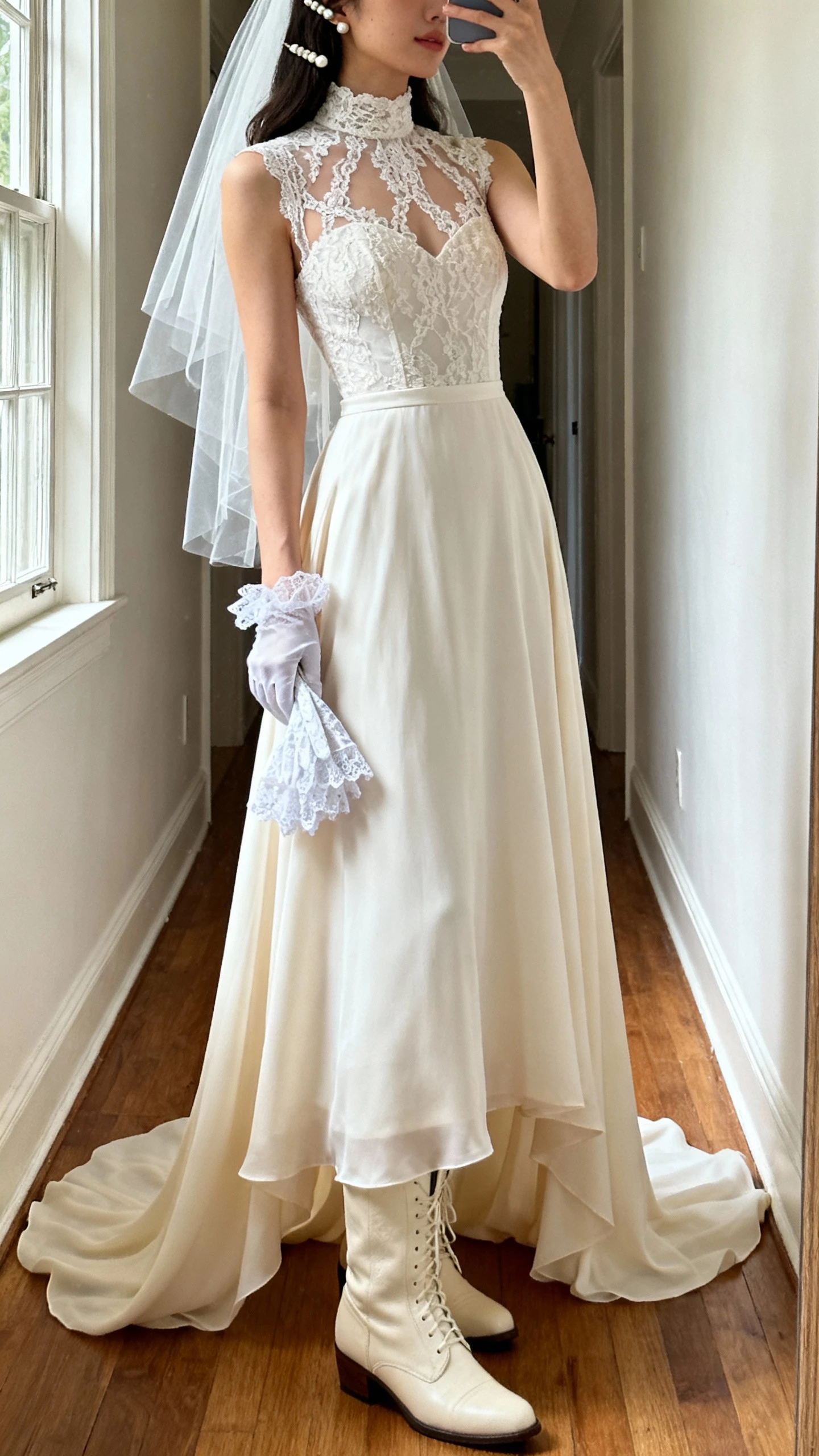 iPhone side-angle selfie of a woman in a high-neck lace gown with illusion yoke and fitted bodice, A-line chiffon skirt with gentle sweep train, Victorian-style ivory boots, pearl hairpins with a cathedral veil, lace-trim gloves in hand, face not visible, hallway near a window, natural morning light, casual iPhone aesthetic.