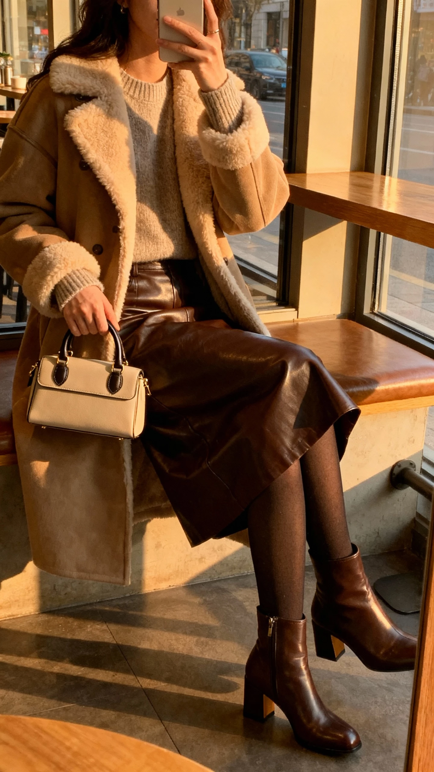 iPhone side-angle selfie of a woman in a leather skirt with a soft sweater and a shearling-lined coat, tights, block-heel boots, small top-handle bag, face not visible, cafe window seat, late afternoon light, natural iPhone photo.