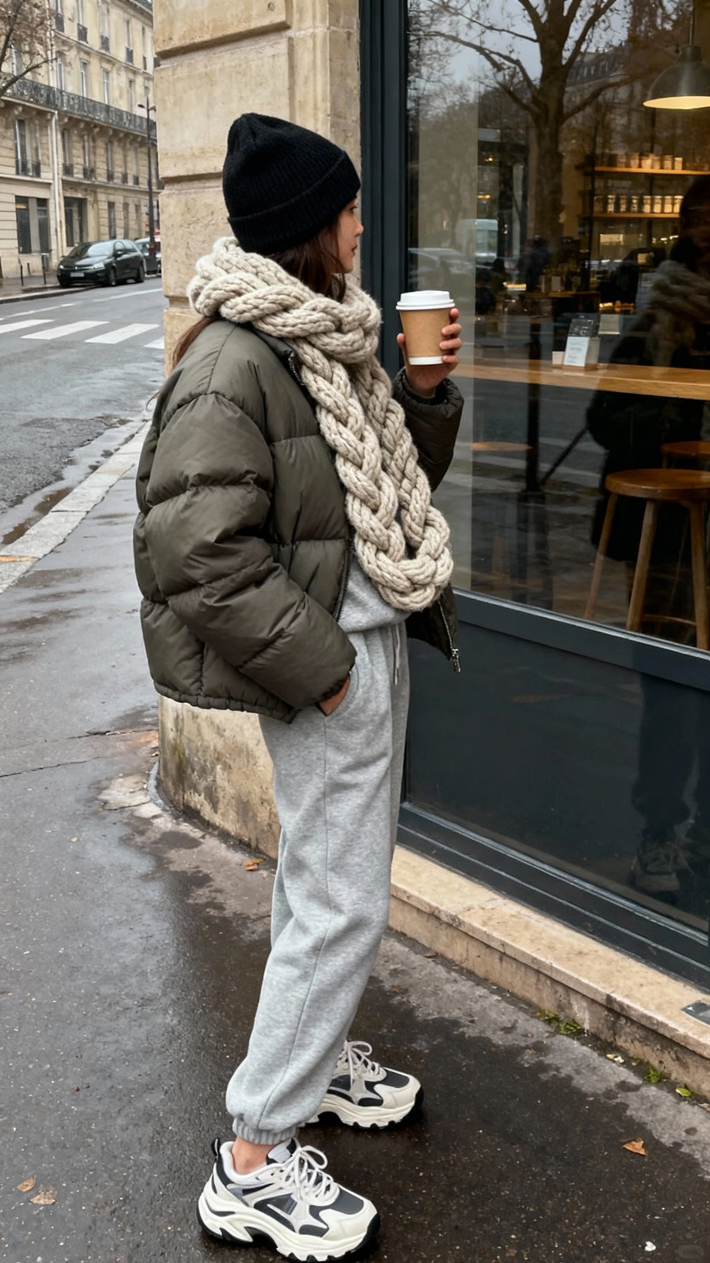 iPhone side-angle selfie of a woman in a puffer jacket, chunky looped knit scarf, beanie, joggers, and chunky sneakers, holding a coffee, face not visible, street corner reflection in shop window, overcast daylight, casual iPhone photo.