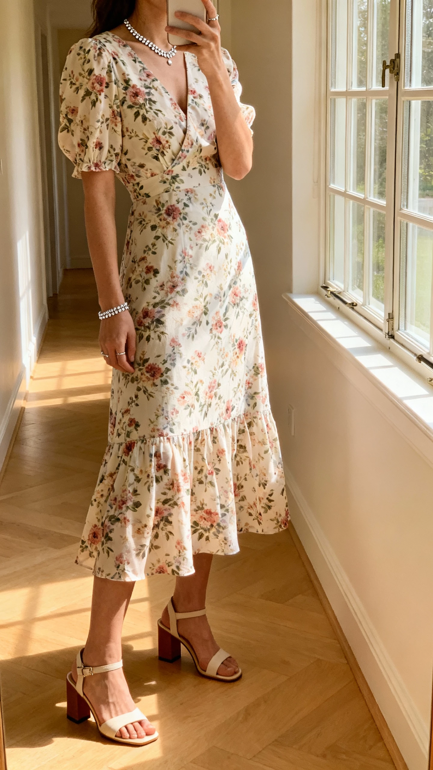 iPhone side-angle selfie of a woman in a romantic floral midi dress with subtle sparkle jewelry and comfortable block-heel sandals, face not visible, hallway near a window, natural morning light, casual iPhone aesthetic.