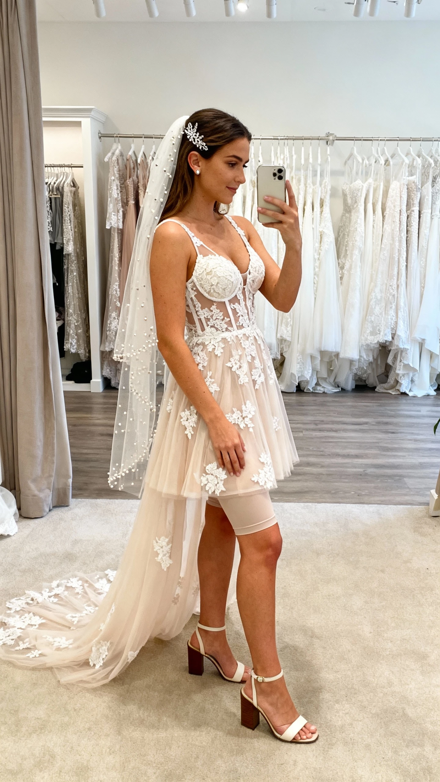 iPhone side-angle selfie of a woman in an A-line lace gown with an illusion bodice and supportive cups, soft tulle skirt with scatter lace appliqués, fingertip veil with delicate beading, block-heel sandals, crystal hair comb, dainty stud earrings, seamless shapewear shorts; softly lit bridal boutique fitting room, face not visible, natural iPhone photo quality.