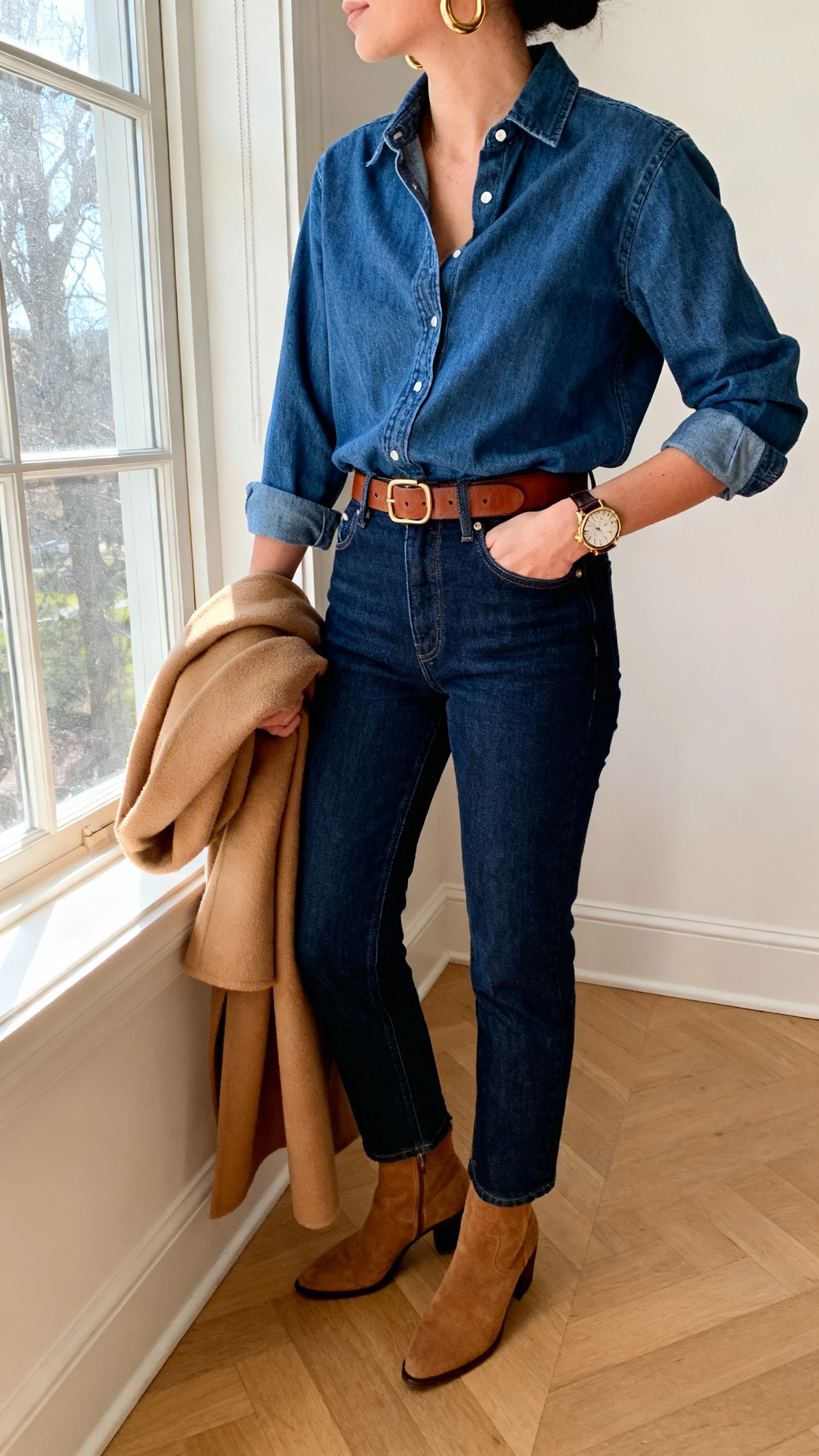 iPhone side-angle selfie of a woman in an indigo denim shirt tucked into dark blue high-rise jeans with a brown leather belt, tan ankle boots, gold hoops, statement watch, and a camel wool coat draped over arm; standing by a window, natural daylight, face not visible, natural iPhone photo quality.