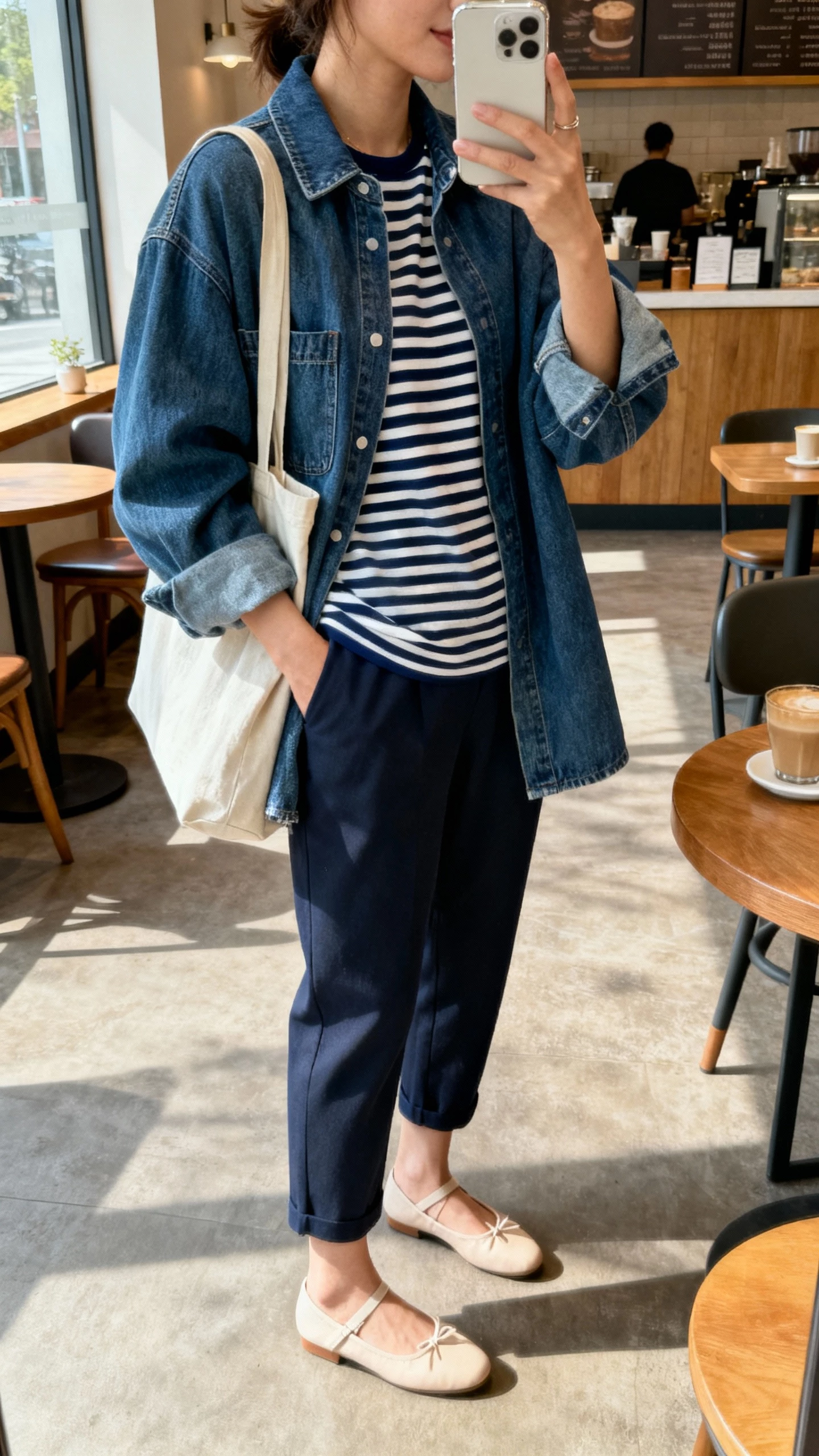 iPhone side-angle selfie of a woman in an oversized jean jacket, navy-and-white striped tee, cropped ankle trousers, ballet flats, simple tote bag, face not visible, taken in a cozy cafe with morning light, casual iPhone photo