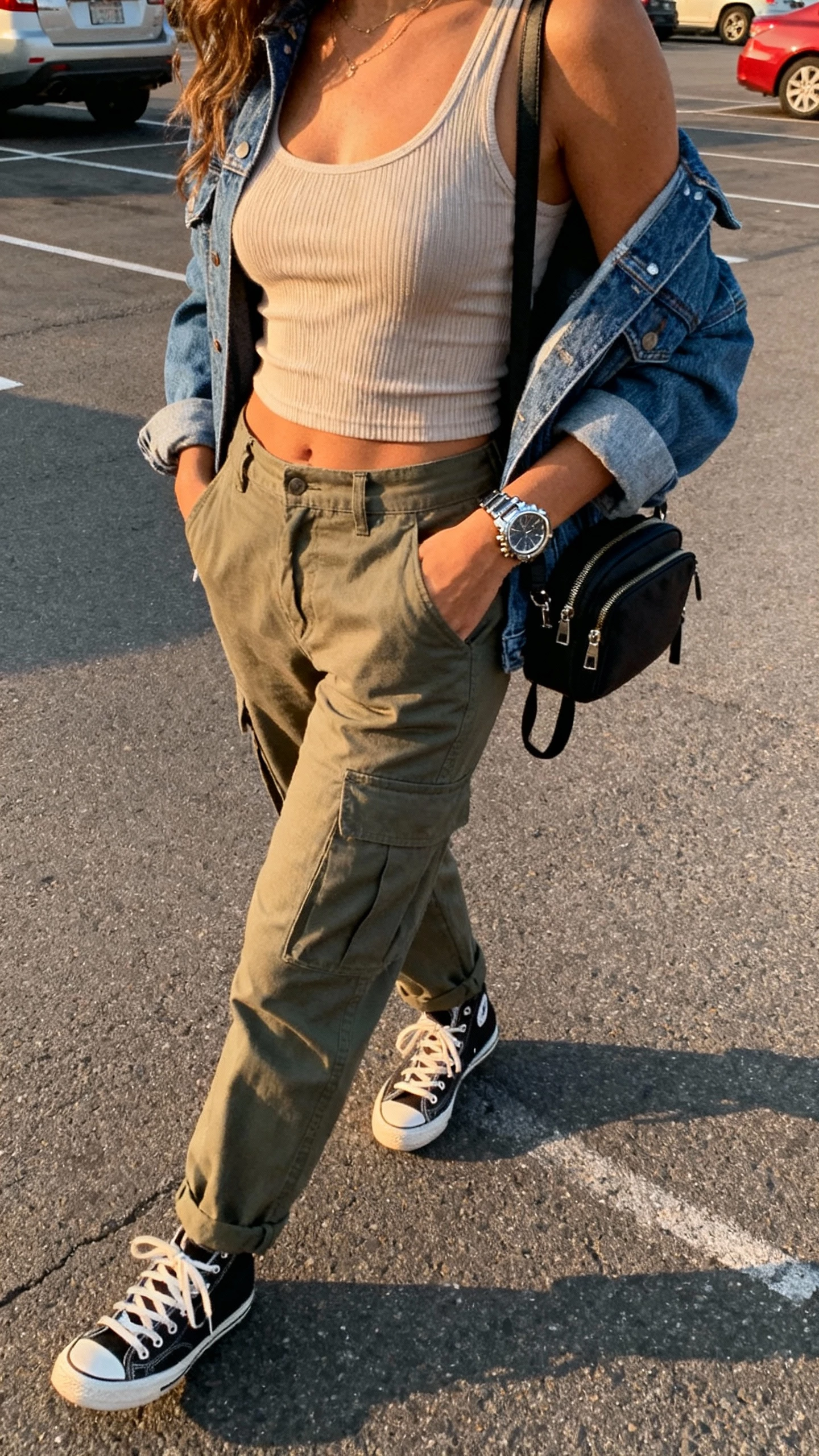 iPhone side-angle selfie of a woman in cargo pants with a tucked ribbed tank, denim jacket as a topper, lace-up sneakers, chunky watch, mini backpack, face not visible, parking lot setting, late afternoon natural light, natural iPhone photo quality.