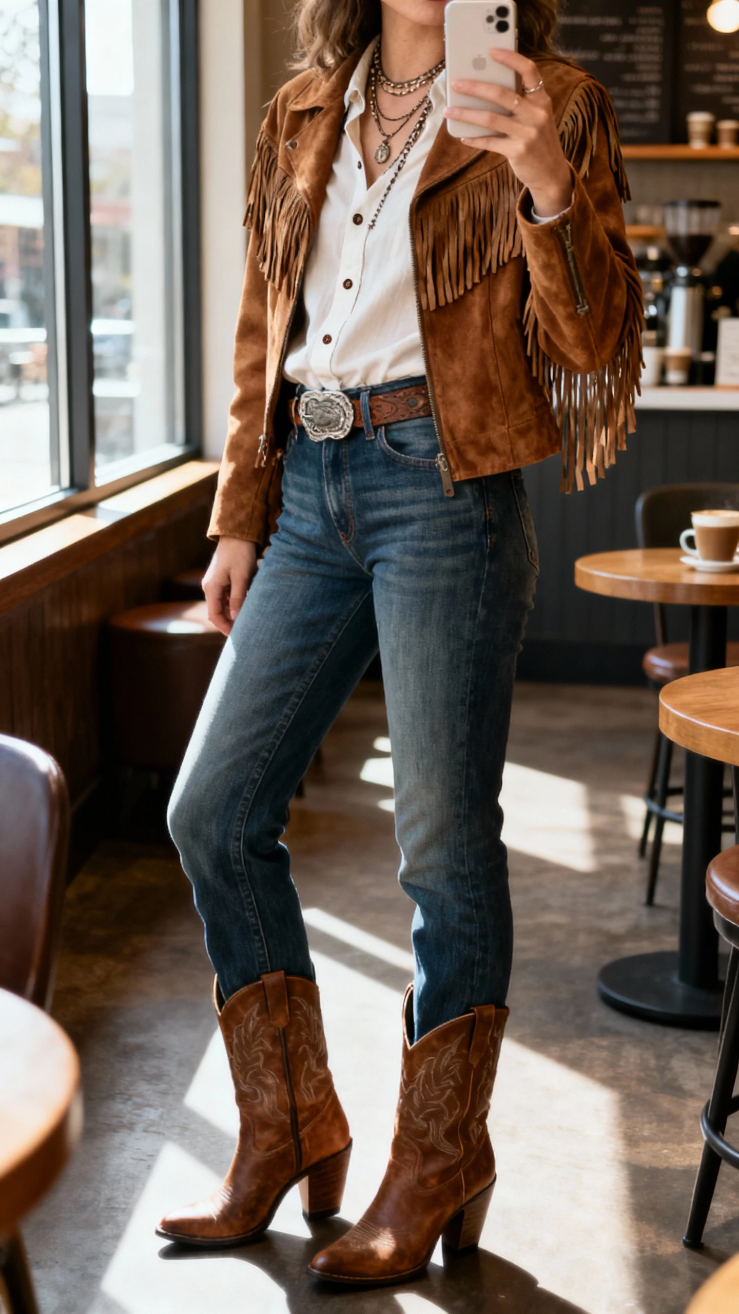 iPhone side-angle selfie of a woman in heeled cowboy boots, suede fringe jacket, crisp button-down tucked into high-waist jeans with a western belt, and layered necklaces, face not visible, coffee shop interior, window light, casual iPhone photo.