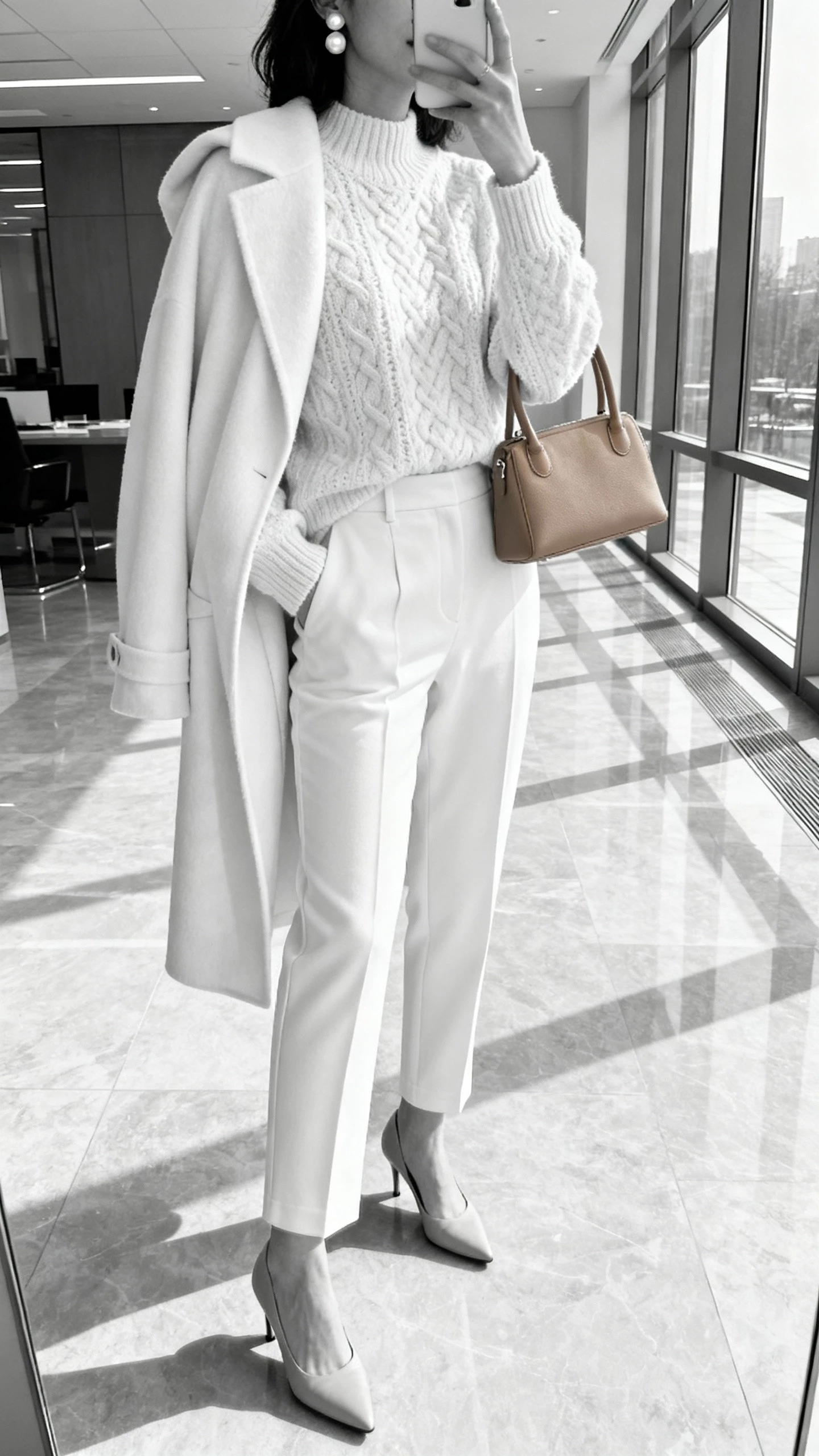 iPhone side-angle selfie of a woman in monochrome winter white: textured cream sweater, ivory tailored trousers, off-white coat draped over shoulders, beige heels, pearl studs, and a tan top-handle bag, face not visible, office lobby with big windows, daylight, natural iPhone photo quality.