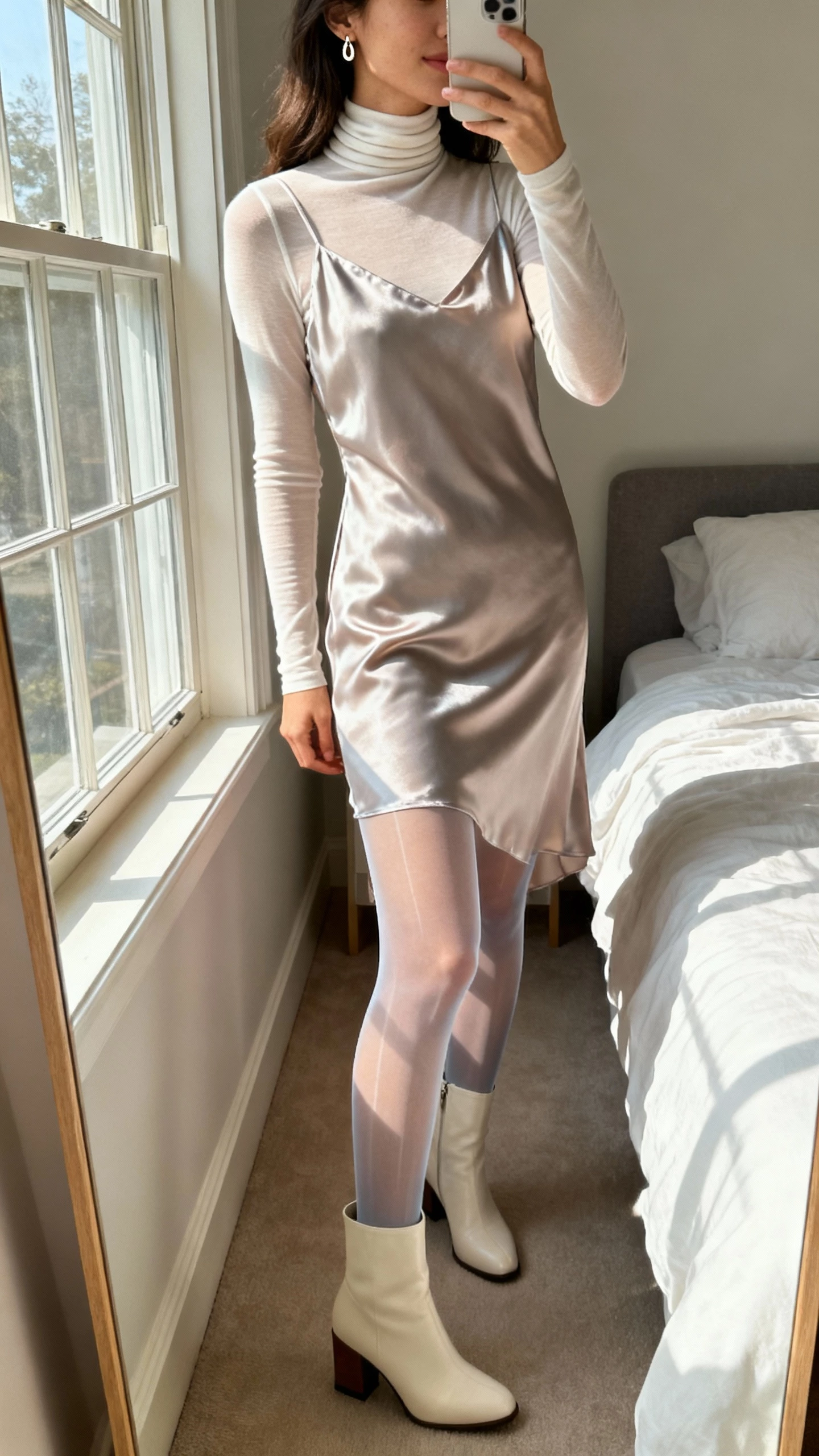 iPhone side-angle selfie of a woman layering a thin turtleneck under a satin slip dress, sheer tights, block-heel boots, dainty earrings, face not visible, bedroom near window, soft morning light, natural iPhone photo quality