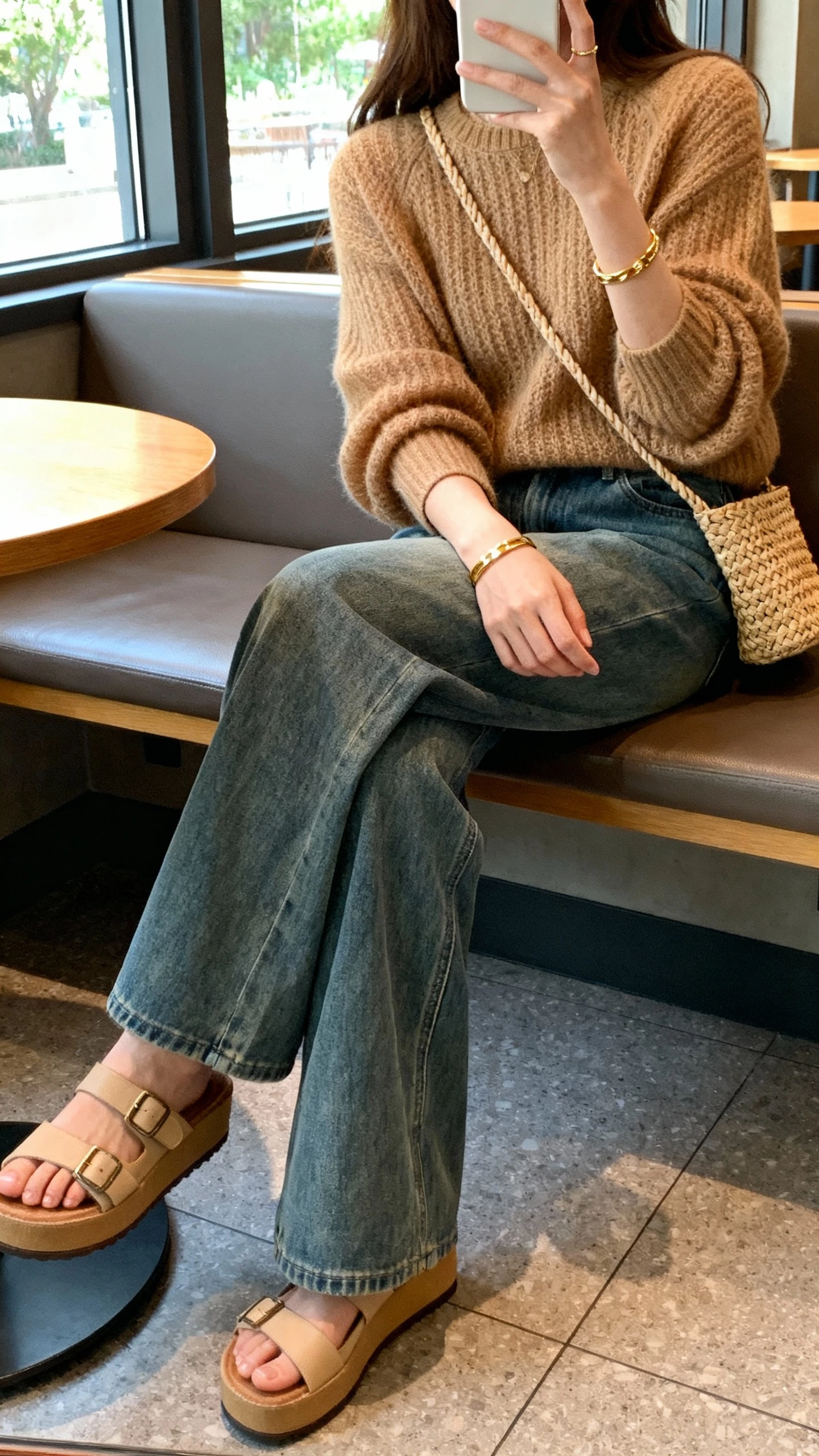 iPhone side-angle selfie of a woman seated on a cafe bench wearing wide leg jeans, a luxe tan knit sweater, platform sandals, minimalist gold bracelets and a woven crossbody, face not visible, natural daylight by the window, casual iPhone aesthetic.