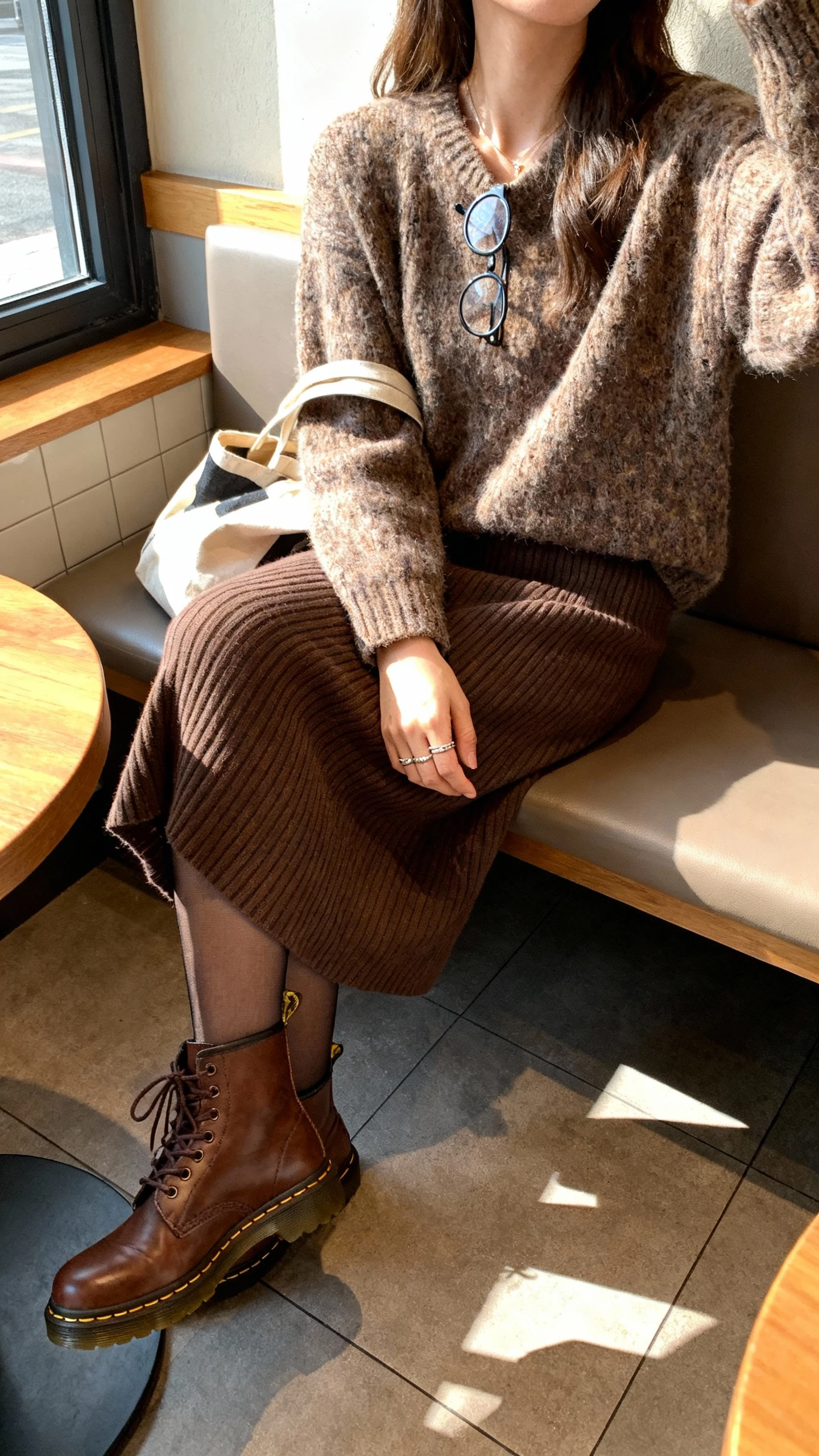 iPhone side-angle selfie of a woman sitting on a cafe bench wearing brown Doc Martens with a chunky knit sweater, ribbed midi skirt, sheer tights, round glasses on neckline, tote bag, and delicate rings, face not visible, warm indoor daylight by window, casual iPhone aesthetic.