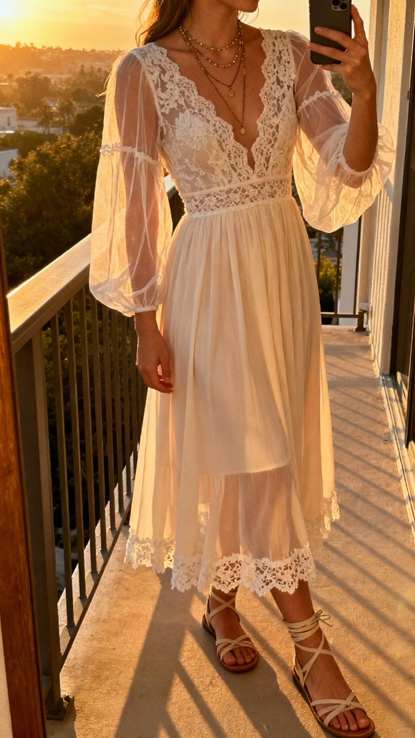 iPhone side-angle selfie of a woman wearing a boho lace A-line wedding dress with airy sheer sleeves, chiffon skirt, delicate lace trim, layered necklaces, and strappy sandals; face not visible, golden hour on a balcony with sunset vibes, casual iPhone quality.