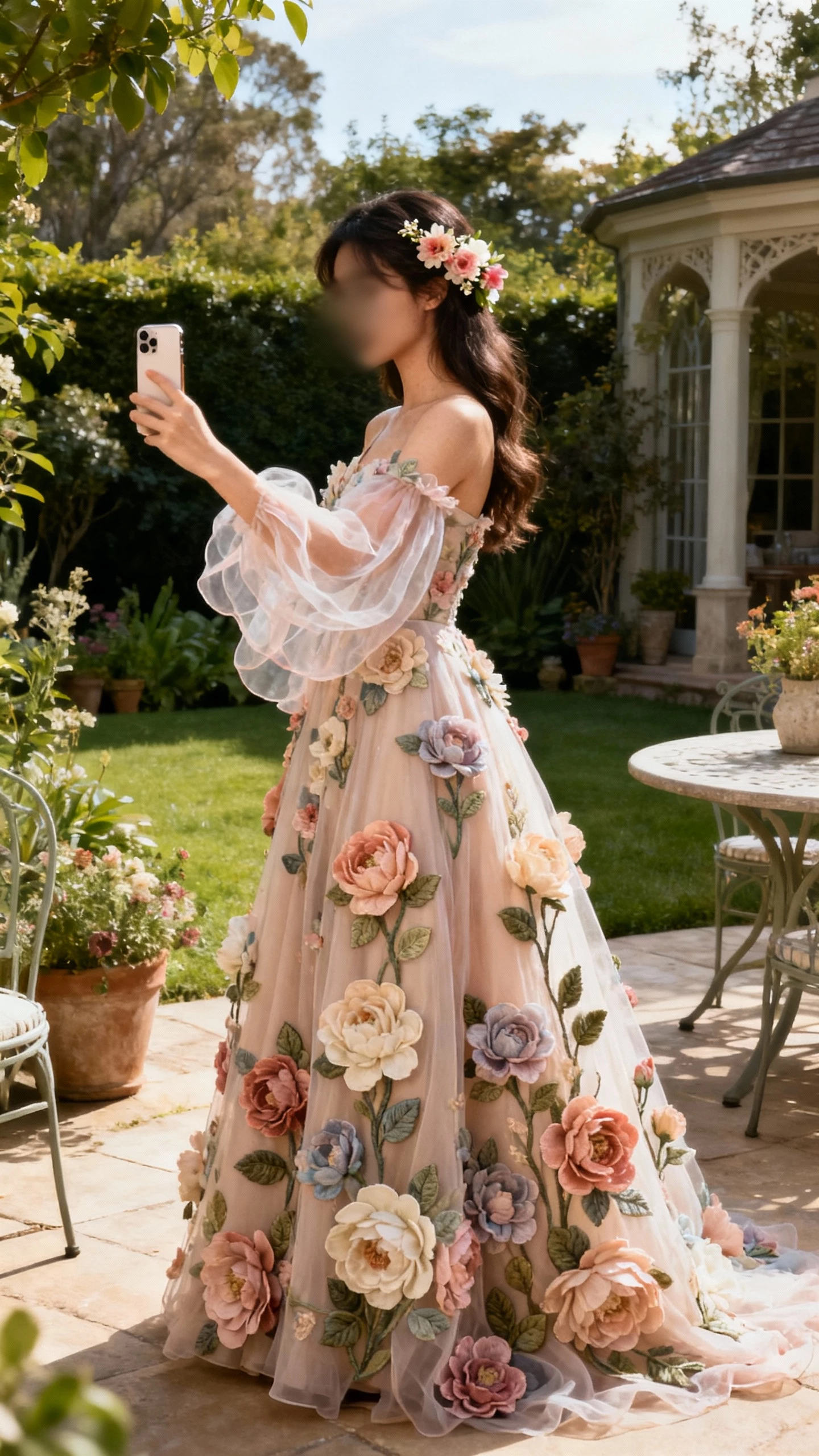 iPhone side-angle selfie of a woman wearing a boho-luxe gown with 3D florals and wispy sleeves, flower-comb hair accessory, face not visible, garden patio, soft afternoon light, casual iPhone photo