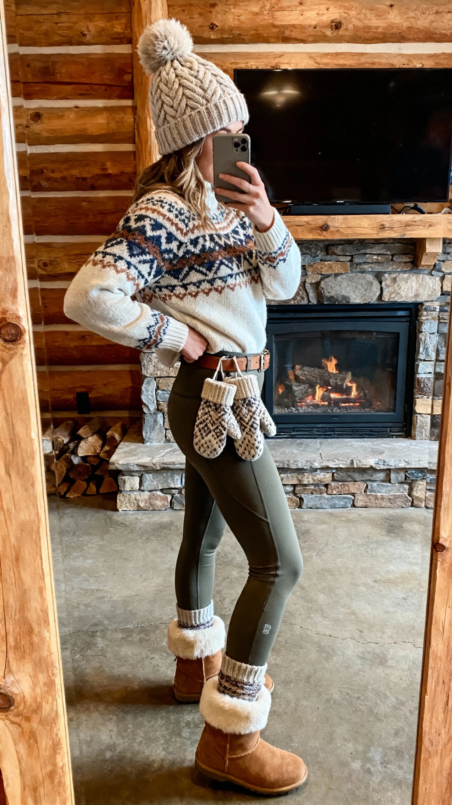 iPhone side-angle selfie of a woman wearing a cable-knit pom beanie, fair isle sweater, fleece-lined leggings, shearling-lined boots, wool socks peeking out, and knit mittens tucked in her belt; face not visible, mountain lodge fireplace, warm indoor light, natural iPhone aesthetic.