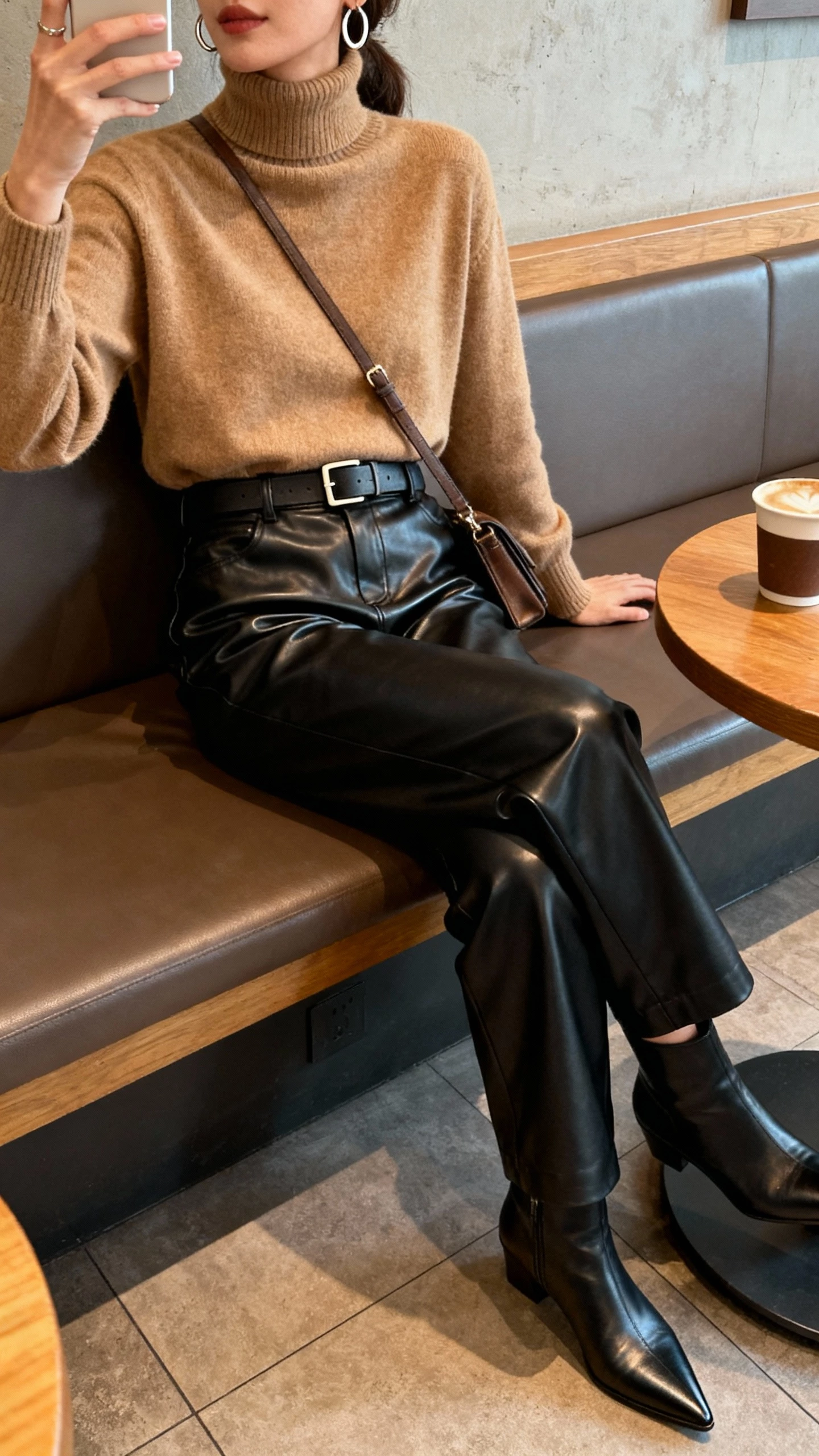 iPhone side-angle selfie of a woman wearing a camel cashmere turtleneck tucked into high-waisted black leather pants, minimalist belt, small crossbody bag, hoop earrings, pointed toe boots, face not visible, captured in a coffee shop booth, warm indoor lighting, natural iPhone photo quality
