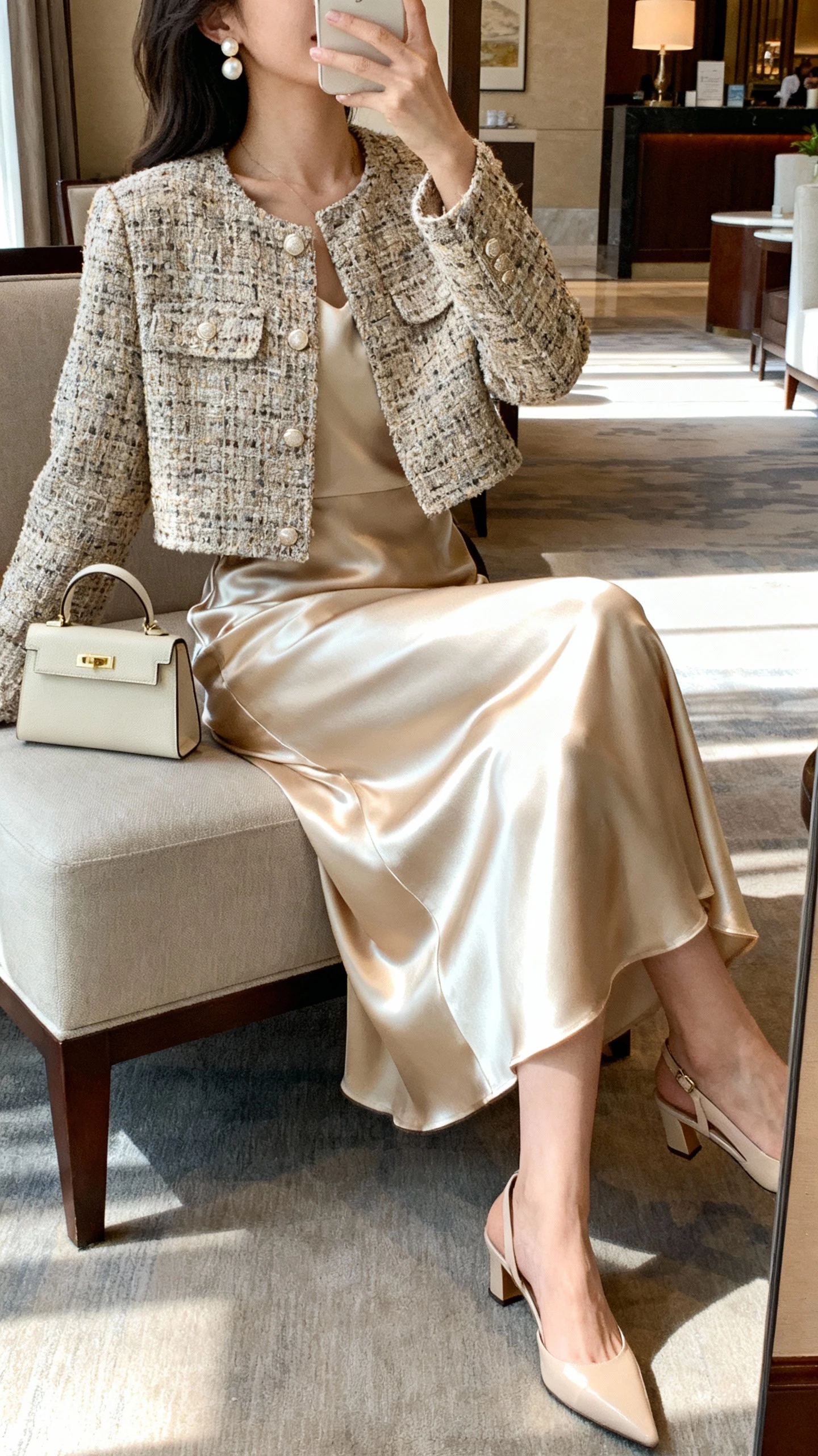 iPhone side-angle selfie of a woman wearing a champagne satin midi dress under a cropped tweed jacket, pearl earrings, small structured handbag, slingback heels, face not visible, hotel lobby seating with morning light, natural iPhone photo quality.