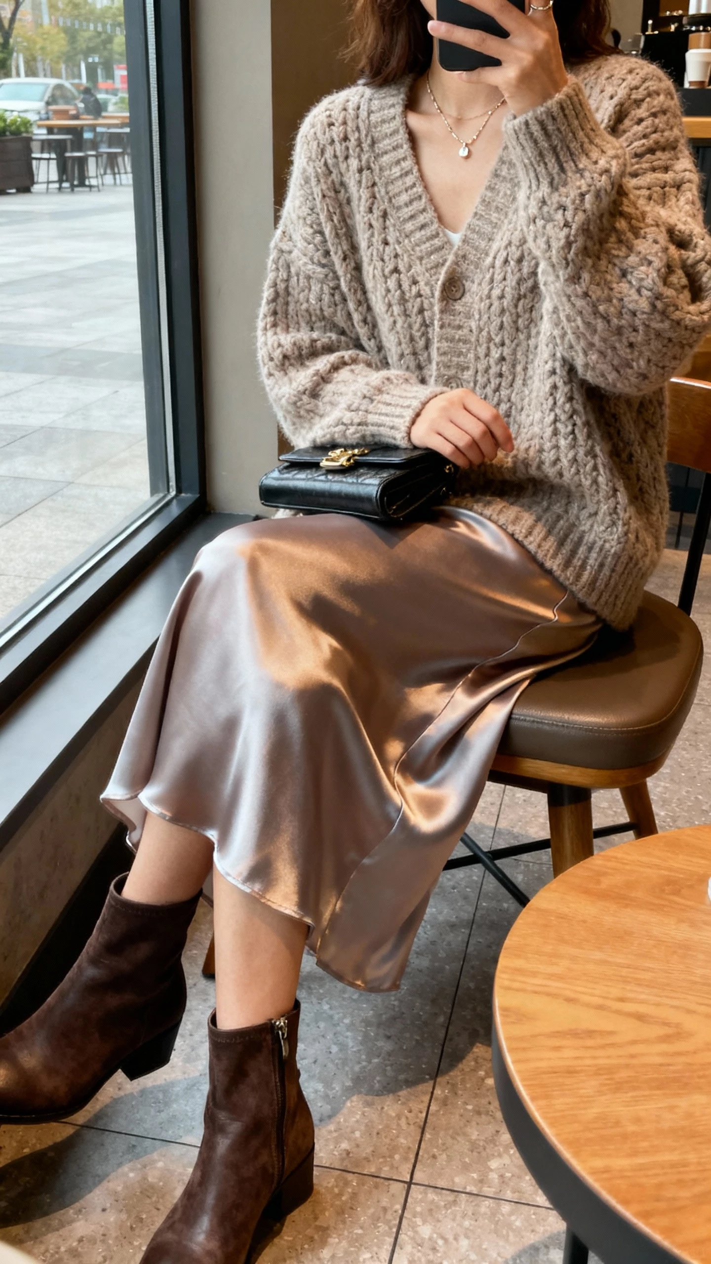 iPhone side-angle selfie of a woman wearing a chunky cardigan over a satin slip skirt with ankle boots, delicate necklace and clutch, face not visible, coffee shop seating by the window, natural daylight, iPhone photo quality