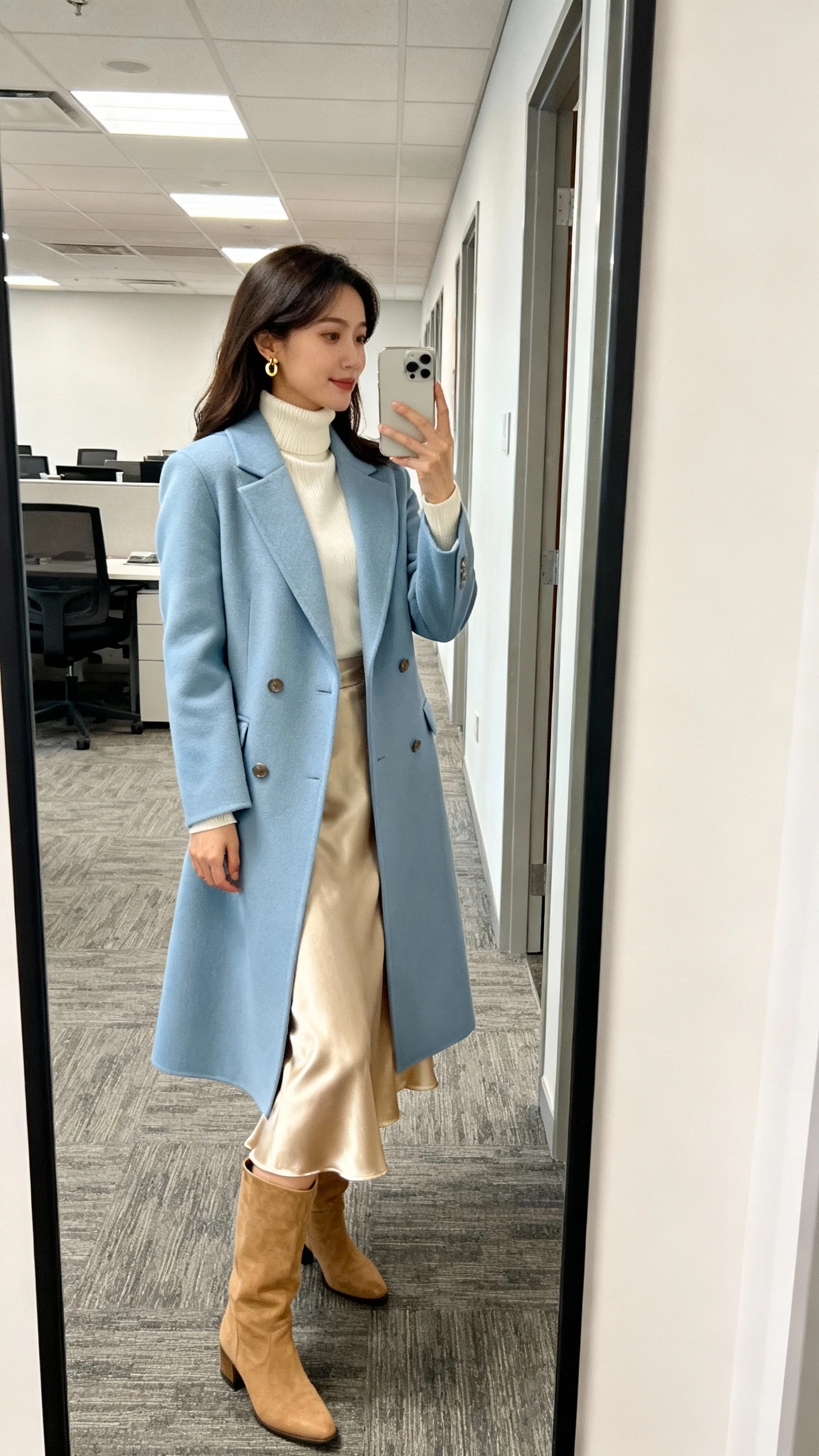 iPhone side-angle selfie of a woman wearing a powder-blue tailored coat over a champagne slip skirt, cream turtleneck, tan knee boots, and delicate gold earrings, face not visible, office hallway mirror with soft indoor lighting, natural iPhone aesthetic.