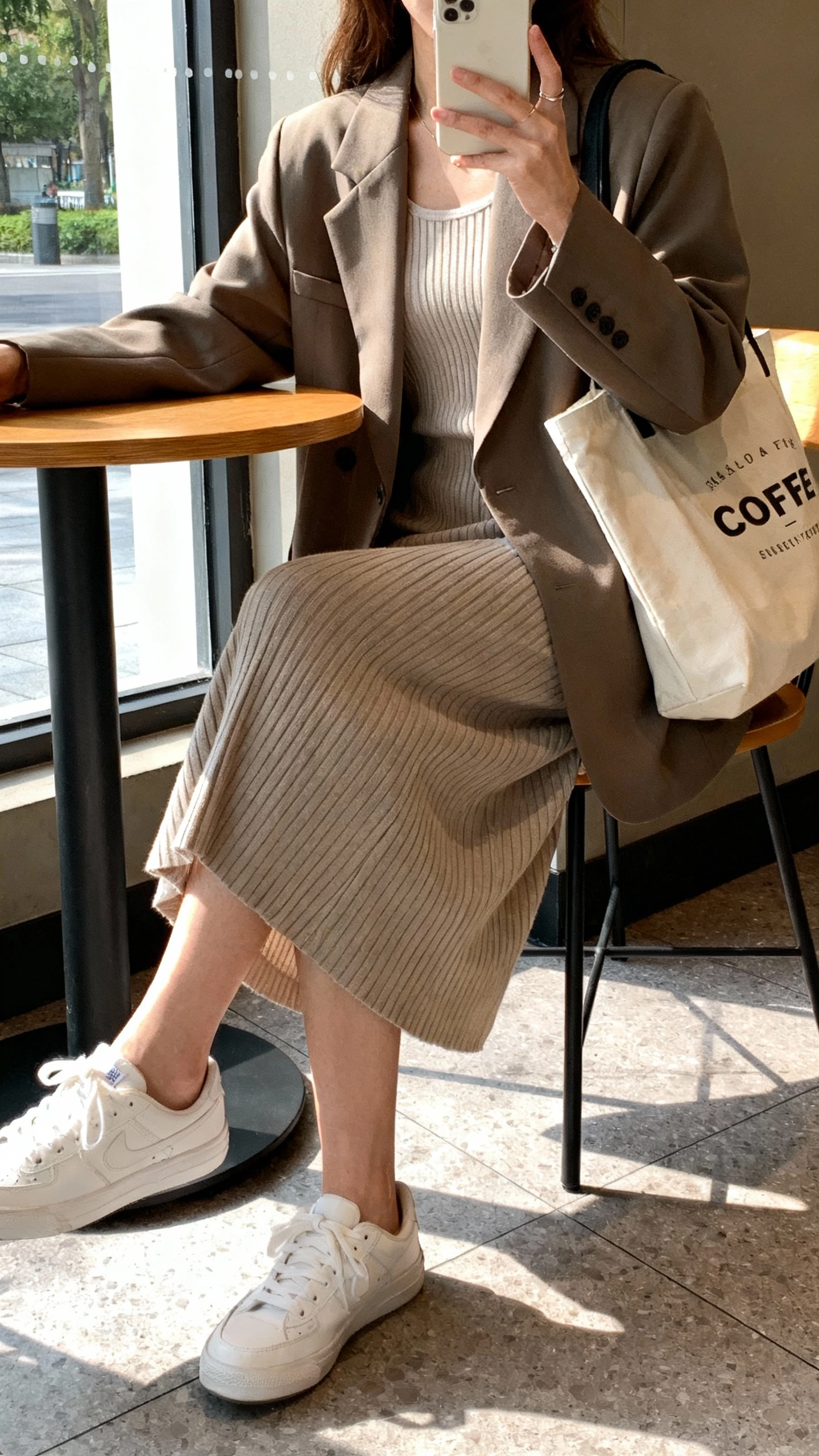 iPhone side-angle selfie of a woman wearing a ribbed midi dress under an oversized blazer with clean white sneakers and a tote bag, face not visible, coffee shop seating by window, natural morning light, casual iPhone photo.