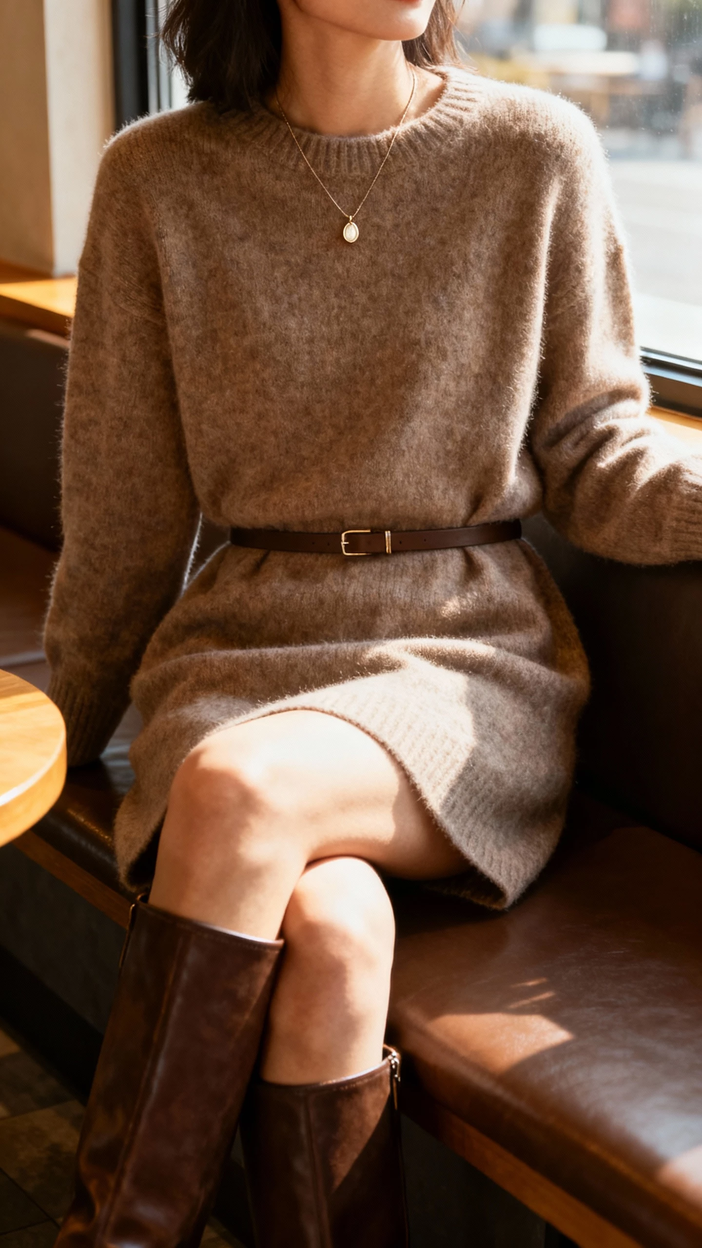 iPhone side-angle selfie of a woman wearing a sweater-dress with knee-high boots, simple pendant necklace, and a slim belt at the waist, sitting on a cafe bench, face not visible, warm indoor light by the window, natural iPhone photo quality.