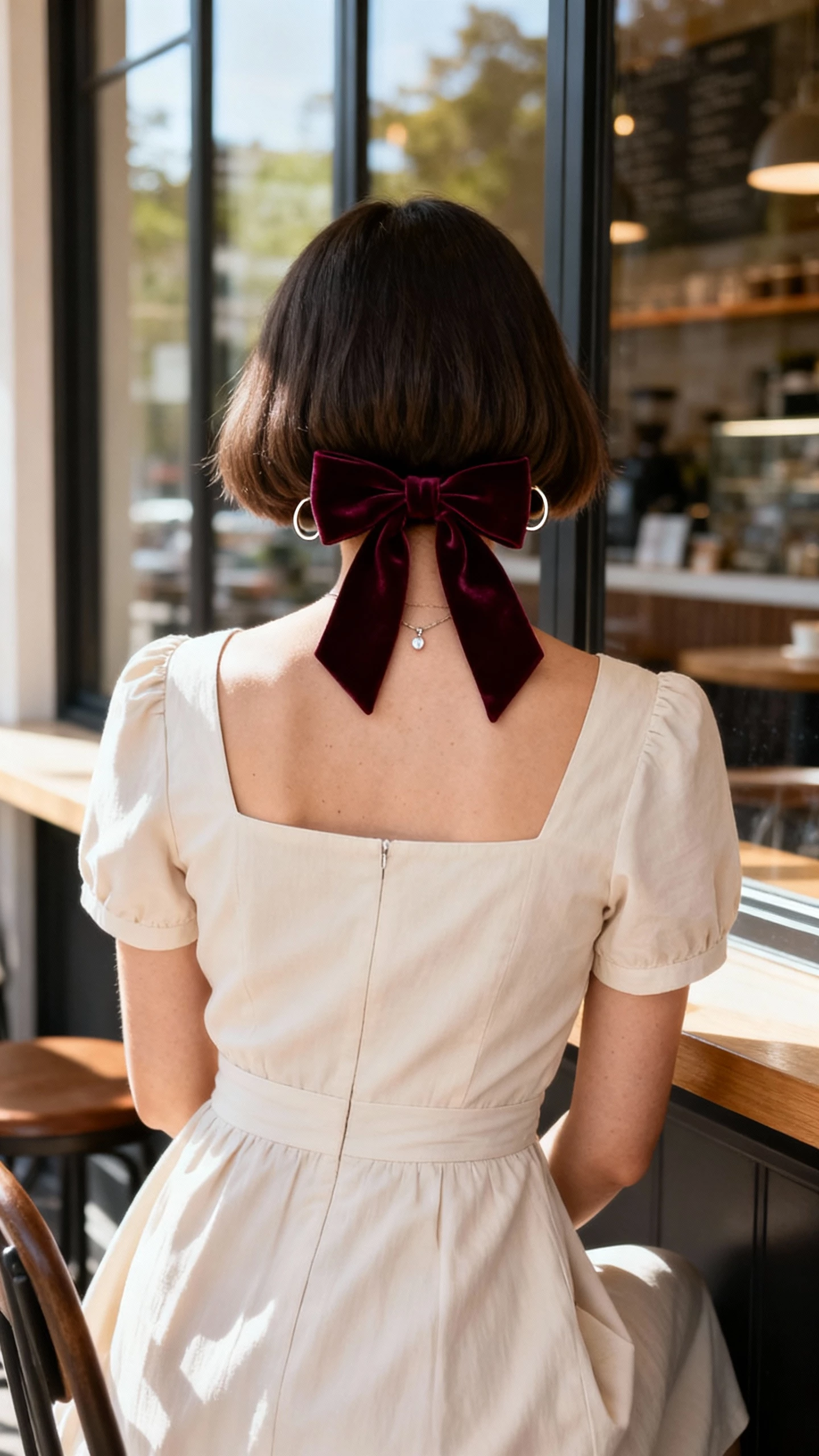 iPhone side-angle selfie of a woman with a French-girl micro bob tied with a velvet bow at the nape, wearing a square-neck midi dress, small hoop earrings, and a simple pendant, face not visible, seated by a cafe window, morning light, natural iPhone photo quality