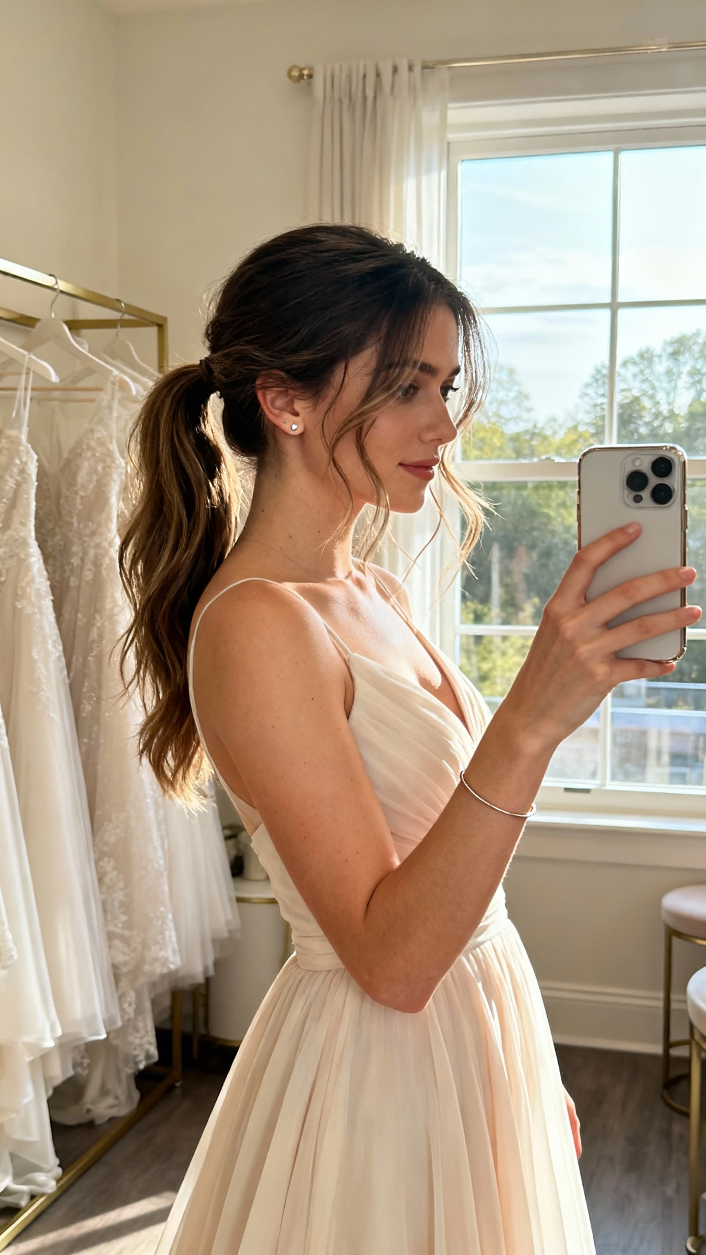 iPhone side-angle selfie of a woman with an airy soft-pull ponytail with loose face-framing tendrils, chiffon A-line bridal gown, delicate stud earrings, thin bracelet, face not visible, taken near a window in a bridal suite, morning natural light, casual iPhone aesthetic