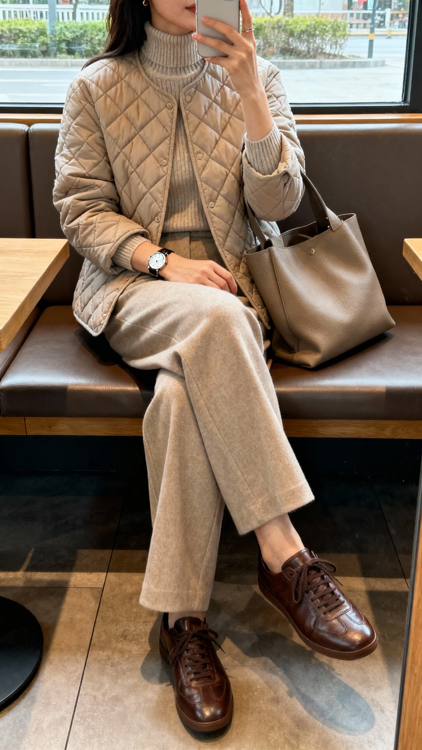 iPhone side-angle selfie showing a woman in a quilted jacket over a fine-knit turtleneck with wide-leg trousers, sleek leather sneakers, slouchy tote, watch, face not visible, taken in a coffee shop booth, soft natural daylight, casual iPhone photo.