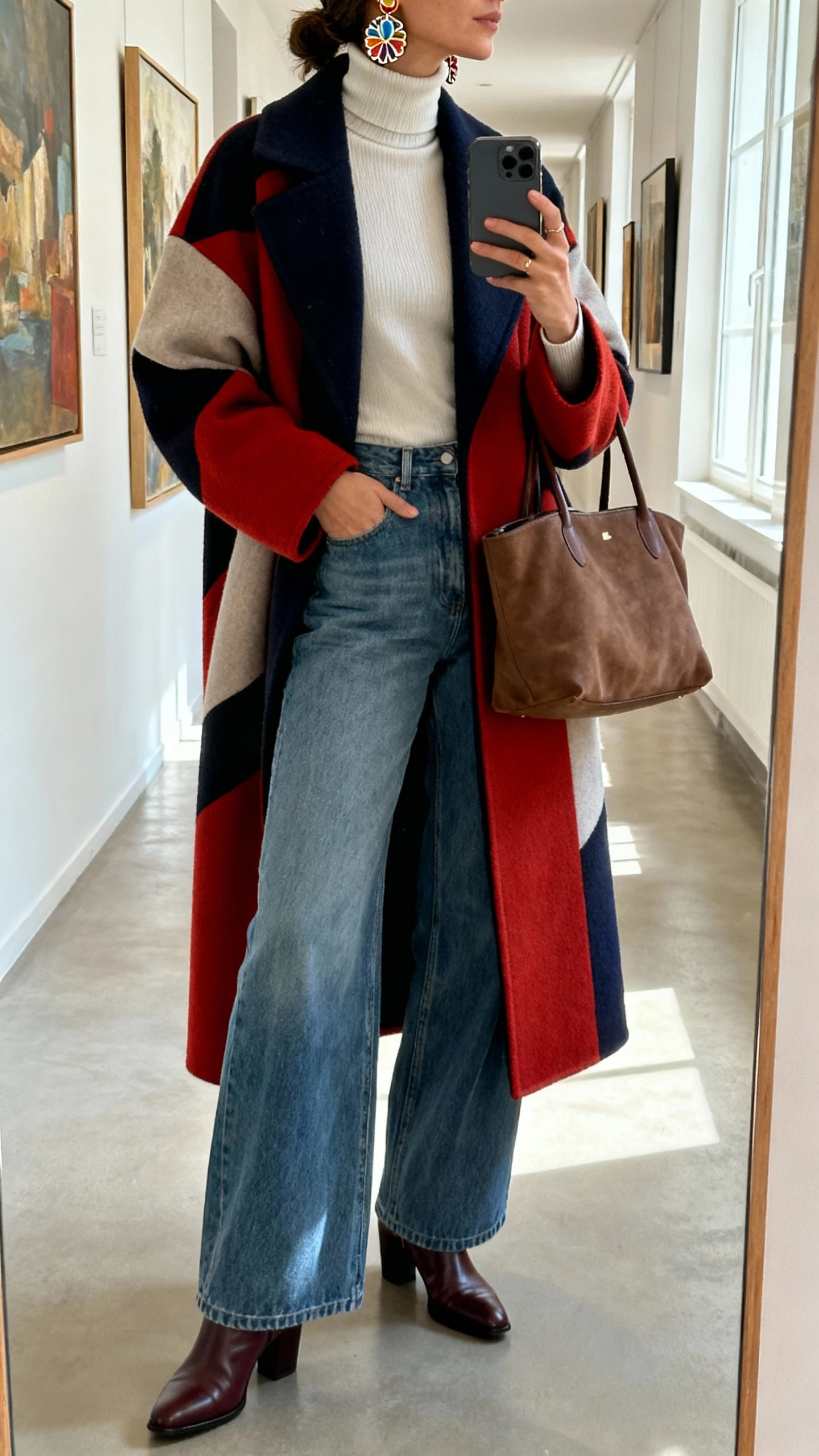 iPhone side-profile mirror selfie of a woman in wide leg jeans, slim turtleneck, bold statement coat, ankle boots, artful earrings, tote, face not visible, gallery-like hallway with daylight, natural iPhone photo quality.