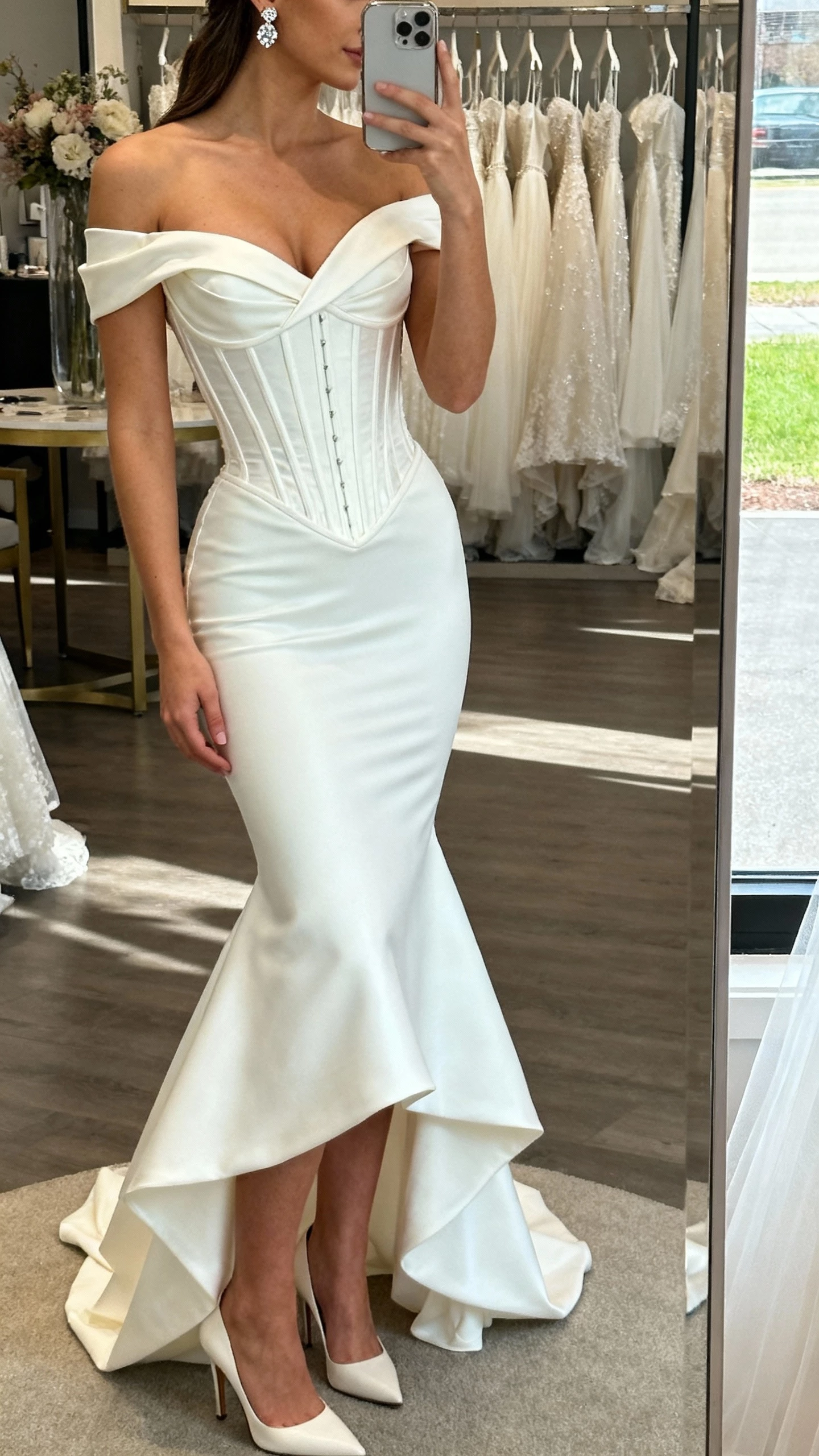 iPhone side-profile selfie of a woman wearing an off-the-shoulder mermaid wedding dress with fitted corset bodice, sweetheart fold-over neckline, flared hem, crystal stud earrings, and sleek stilettos, face not visible, bridal boutique mirror, soft indoor light, natural iPhone photo.