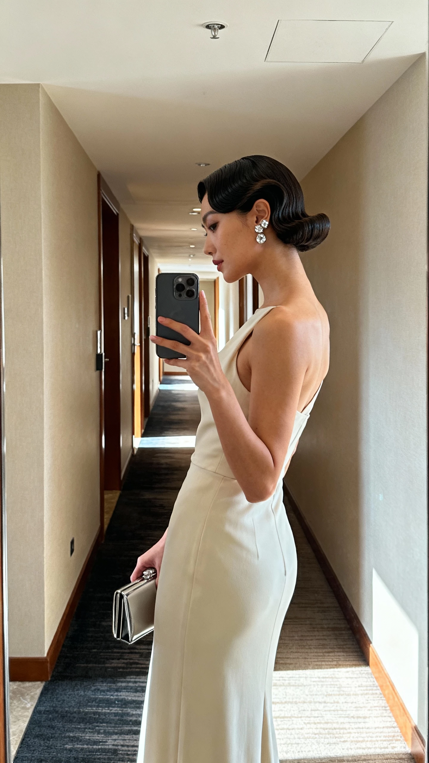 iPhone side-profile selfie of a woman with modern finger waves and a clean sculpted nape, wearing a minimalist column gown, crystal studs, and a sleek clutch in hand, face not visible, hotel hallway mirror, soft indoor lighting, natural iPhone photo quality