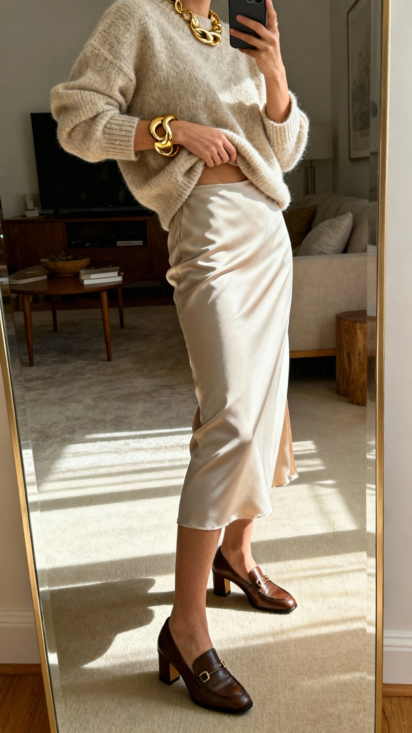 iPhone side-view mirror selfie of a woman in a bias-cut slip skirt with a cozy cashmere sweater half-tucked, sculptural gold jewelry, heeled loafers, face not visible, living room mirror with morning light, natural iPhone aesthetic.