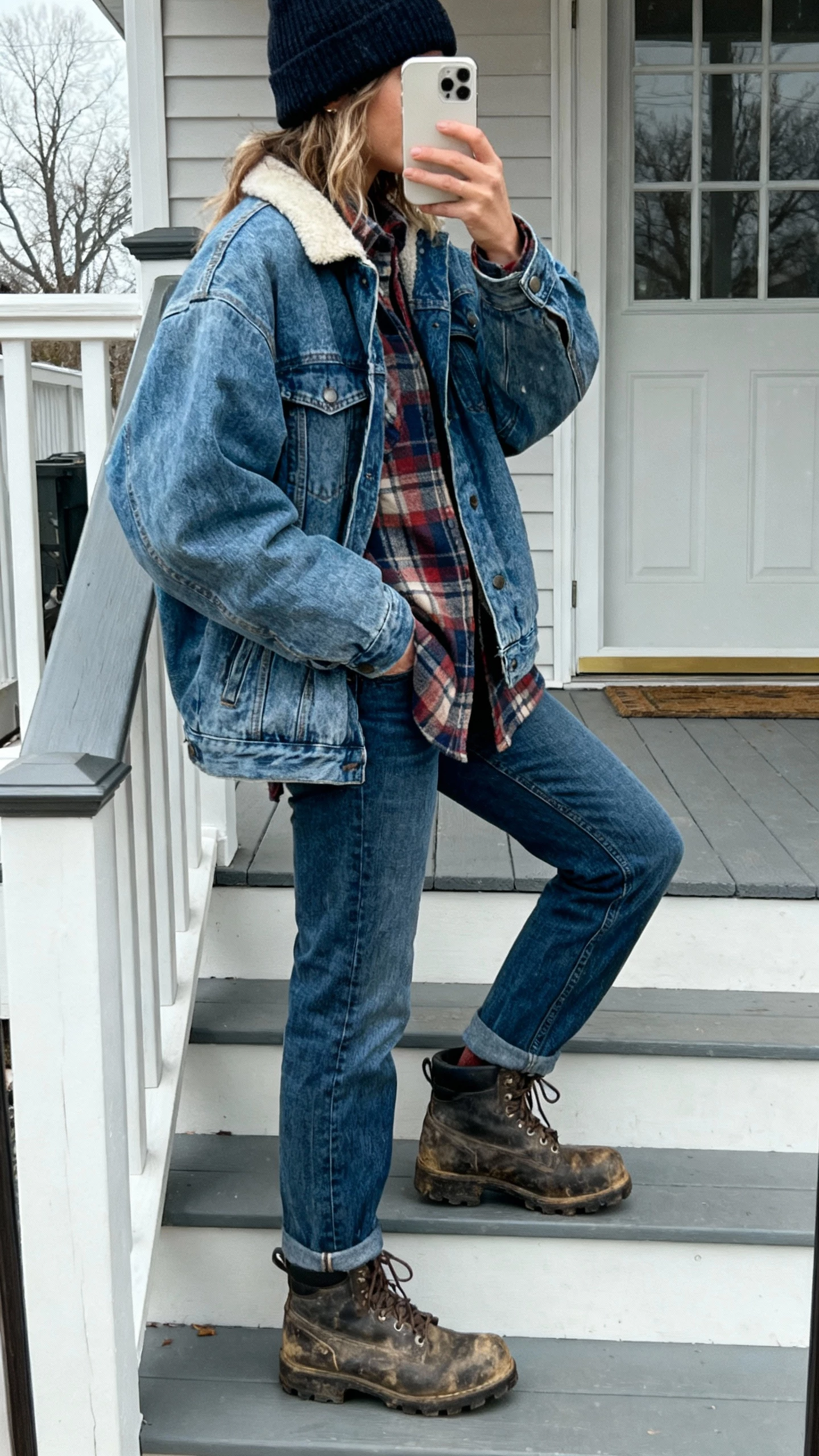 iPhone side-view selfie of a woman in an oversized denim jacket layered over a flannel shirt, straight-leg jeans, rugged work boots, beanie, face not visible, taken on front porch steps, overcast daylight, natural iPhone photo quality