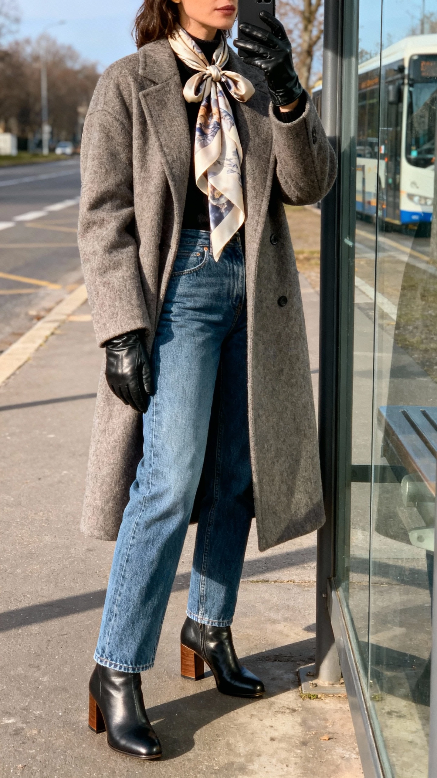 iPhone side-view selfie of a woman wearing a silk scarf tied close to the neck under a wool coat for windproof layering, straight-leg jeans, leather gloves, and block-heel boots, face not visible, bus stop glass reflection, crisp morning light, natural iPhone photo.