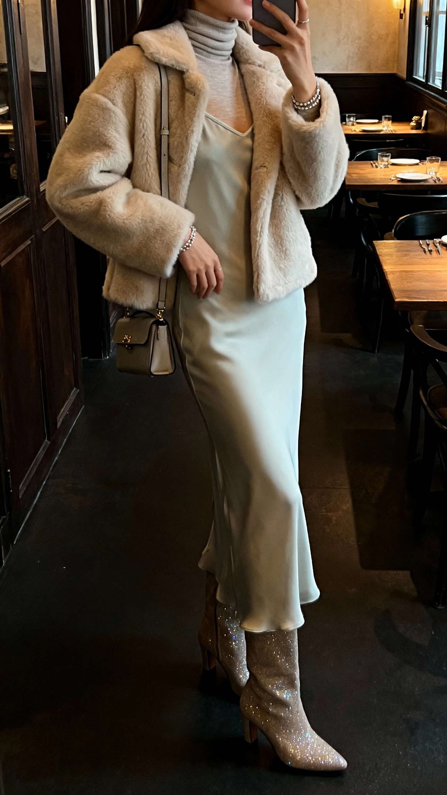 iPhone side-view selfie of a woman wearing a turtleneck under a slip dress with a shearling jacket and subtle shimmer accessories, heeled boots and small shoulder bag, face not visible, dim restaurant foyer with warm indoor light, natural iPhone photo.