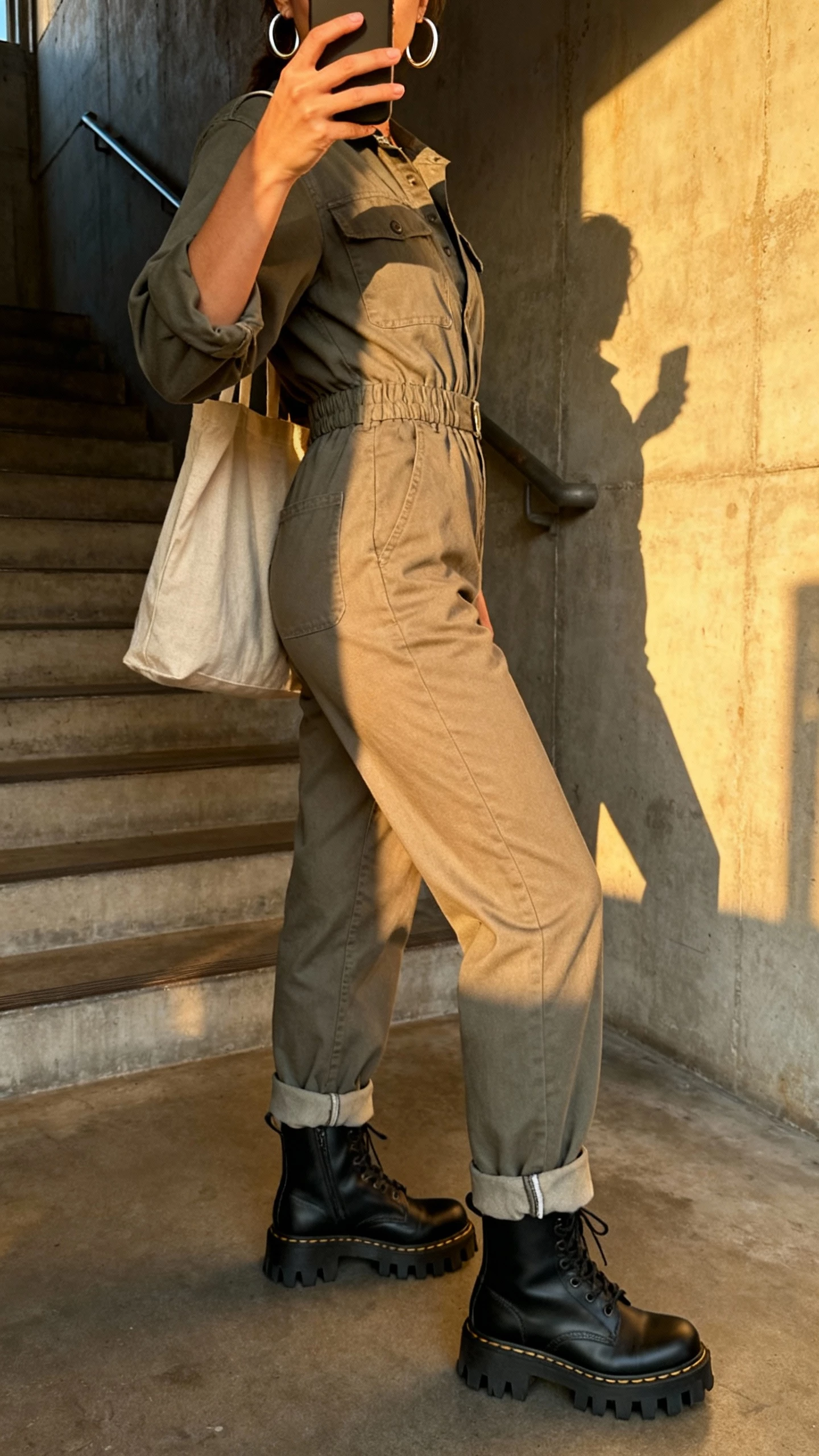 iPhone side-view selfie of a woman wearing a utility jumpsuit with a defined waist, rolled cuffs, chunky lug-sole boots, hoop earrings, canvas tote, face not visible, industrial stairwell setting, late afternoon natural light, natural iPhone photo quality