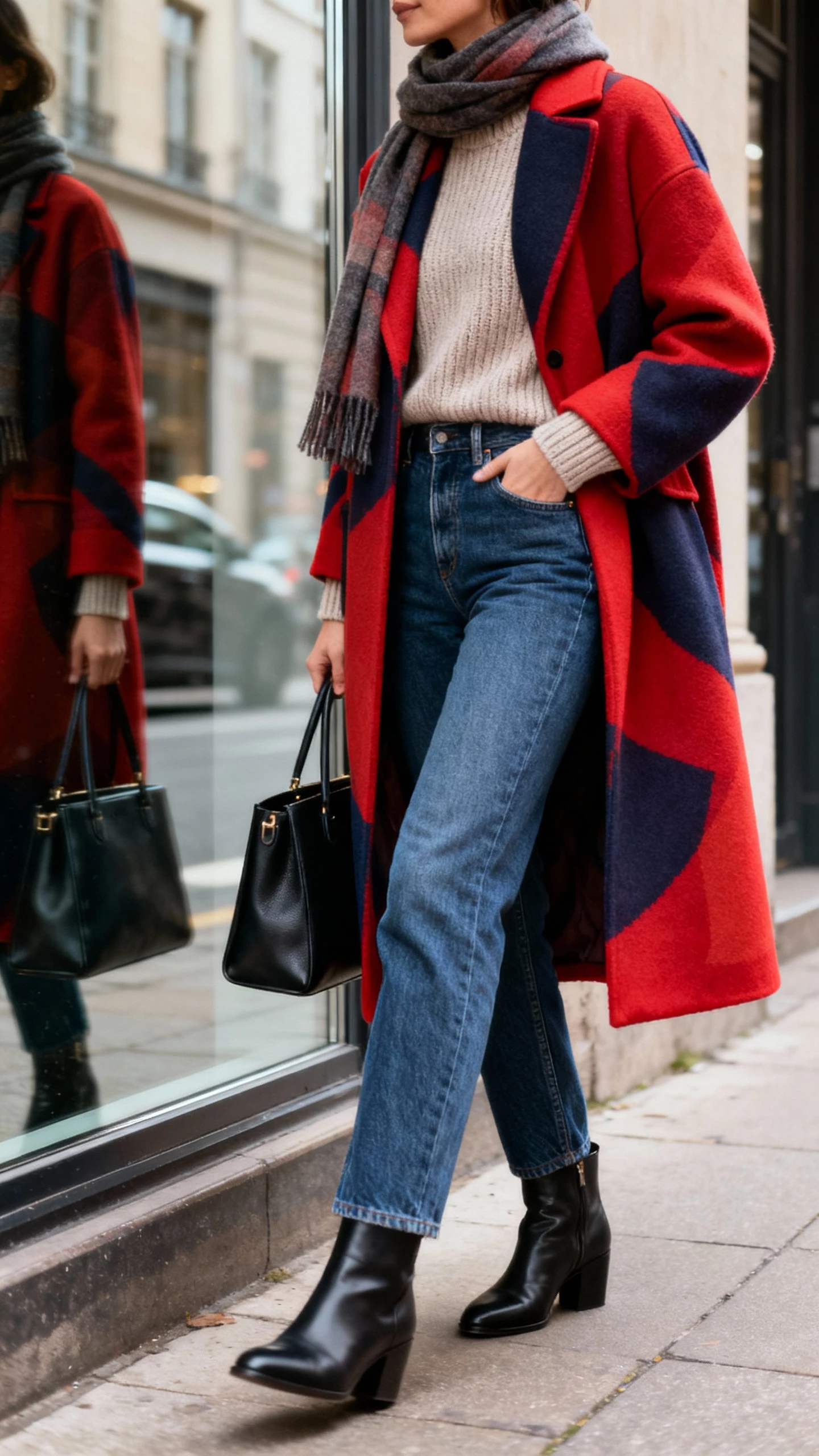 iPhone sidewalk mirror-window selfie of a woman wearing a bold statement coat over a tucked-in knit with straight-leg denim, ankle boots, scarf, and structured tote; face not visible, side angle in city street reflection, natural daylight, casual iPhone aesthetic.