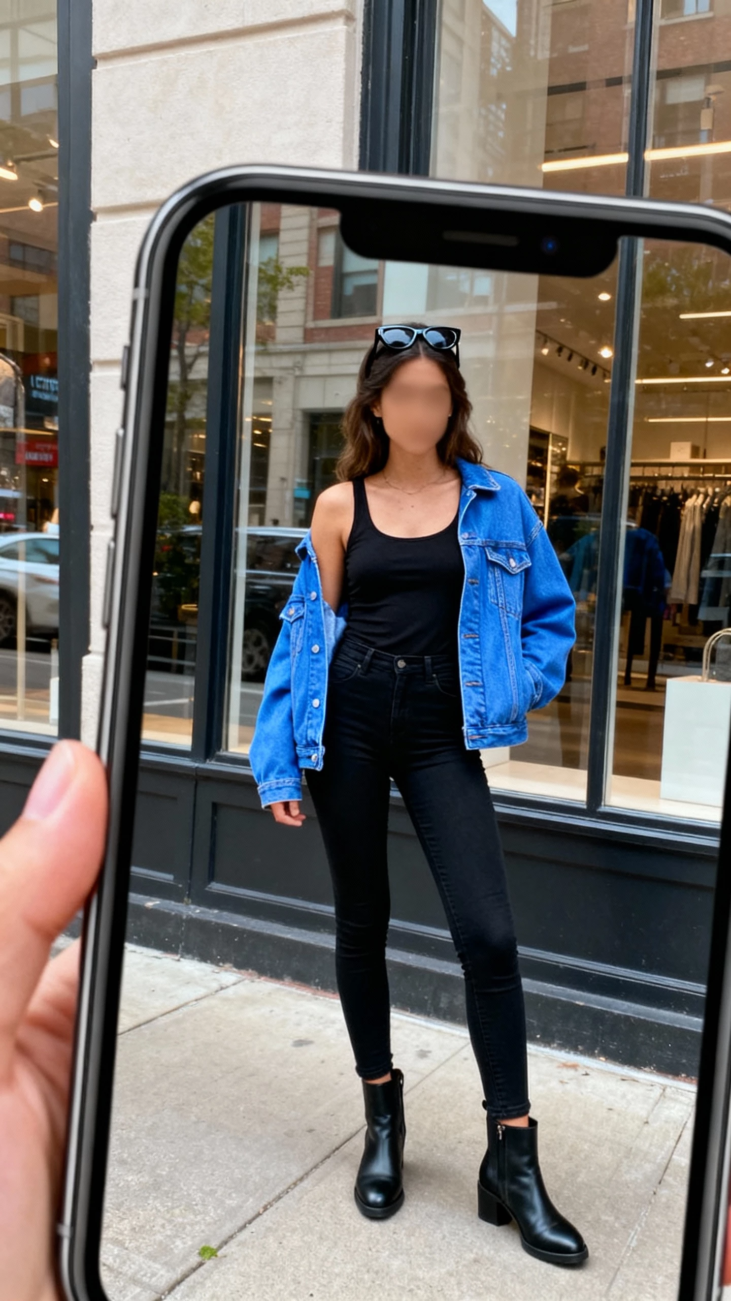 iPhone street mirror reflection of a woman wearing an all-black base: black tank, black skinny jeans, black ankle boots, with a blue denim jacket as the pop layer, black sunglasses pushed up on head, face not visible, city storefront window, natural daylight, casual iPhone photo.
