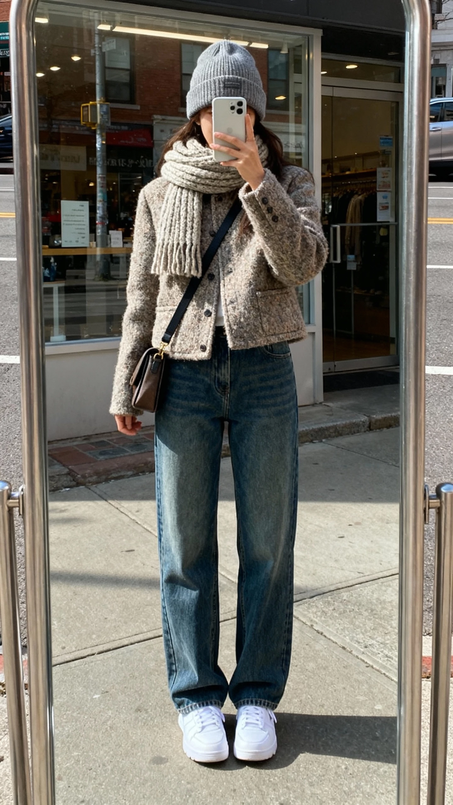 iPhone street-mirror selfie of a woman in a chunky scarf, wool shacket, straight-leg denim and white sneakers, beanie and crossbody, face not visible, city sidewalk mirror storefront, daylight, casual iPhone aesthetic.