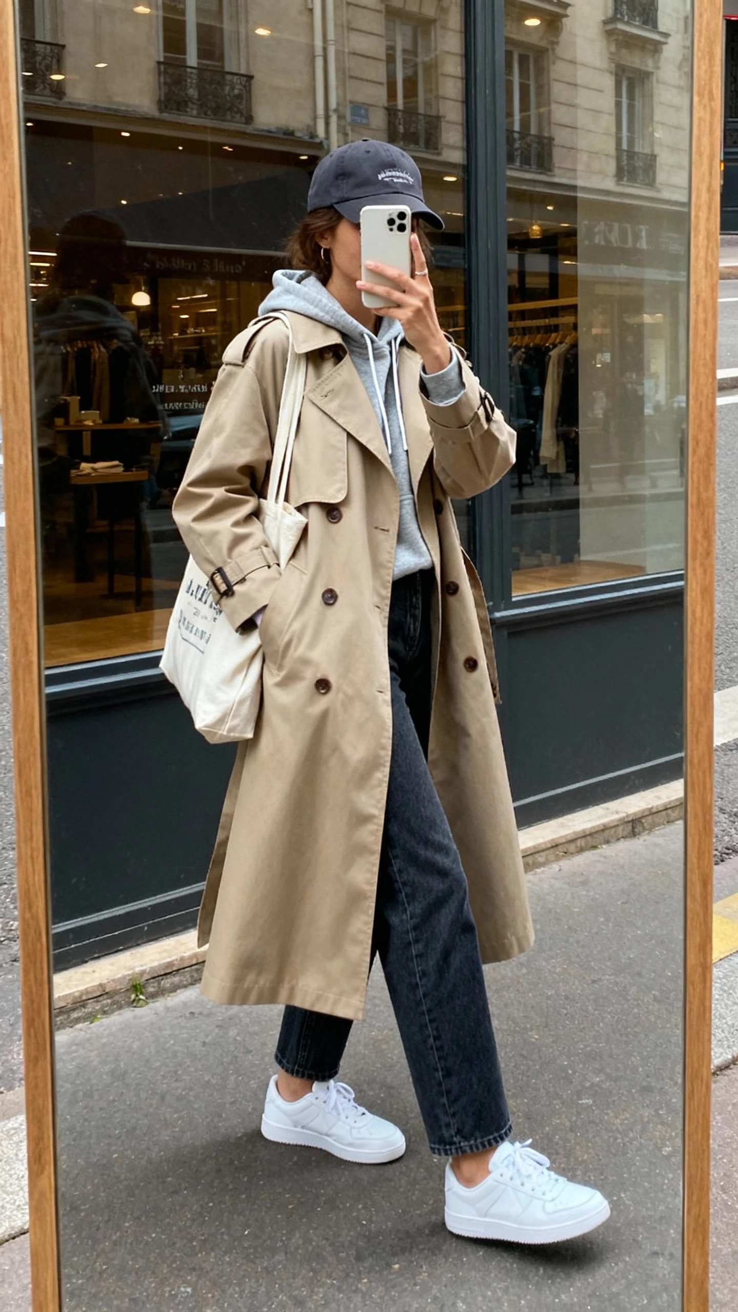 iPhone street-mirror selfie of a woman in a classic trench coat layered over a hoodie, straight jeans, clean white sneakers, baseball cap, tote bag, face not visible, city storefront reflection, natural daylight, casual iPhone photo