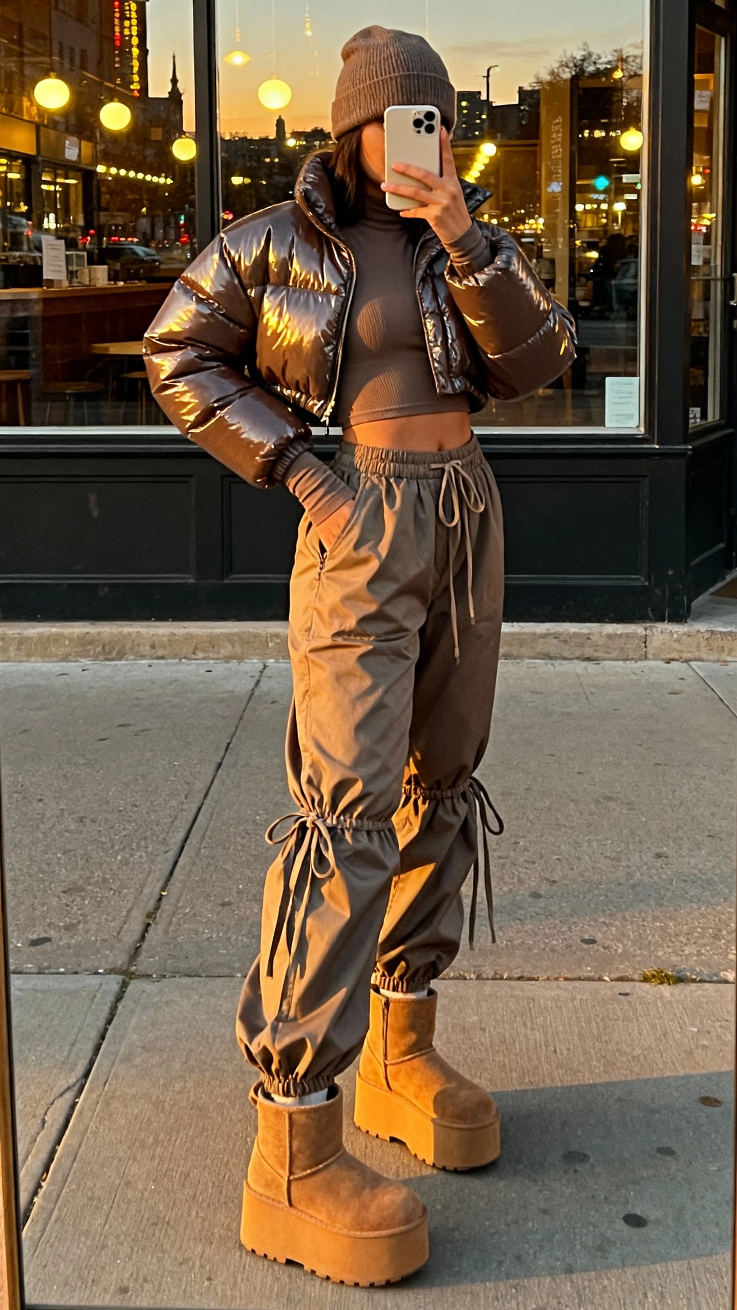 iPhone street-mirror selfie of a woman in a cropped glossy puffer jacket, parachute pants with cinch ties, fitted long-sleeve bodysuit, chunky platform boots, beanie, face not visible, storefront window reflection at dusk with city lights, natural iPhone photo quality.