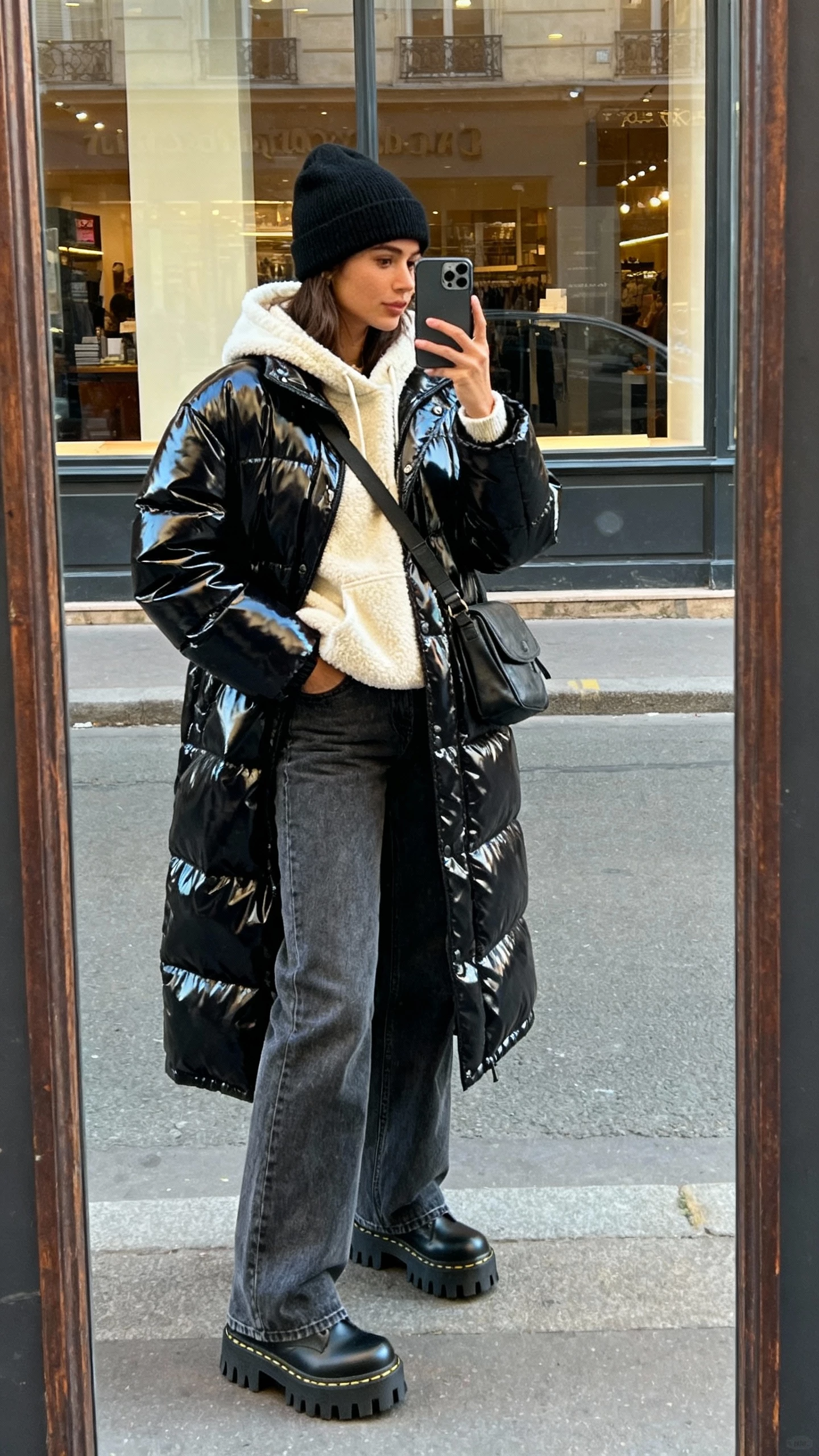 iPhone street mirror selfie of a woman in a glossy black mid-length puffer jacket over a cream fleece-lined hoodie, high-rise straight jeans, chunky lug-sole boots, crossbody sling bag, black beanie; urban storefront window reflection, side angle, face not visible, daylight, casual iPhone photo.